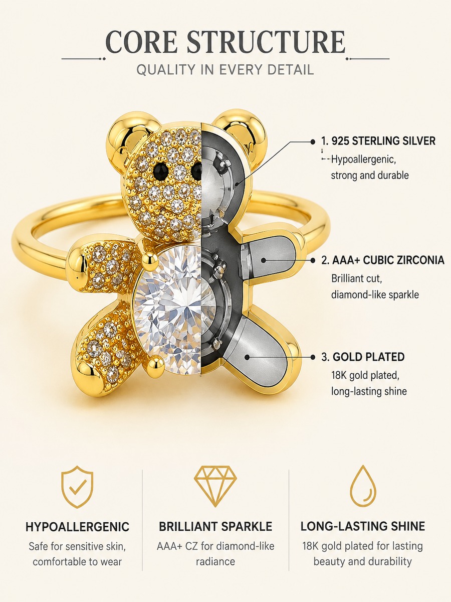Gold Teddy Bear Zircon Ring