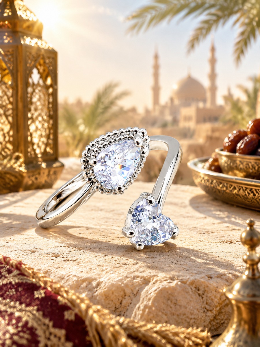 Silver Pear and Heart Crystal Open Ring