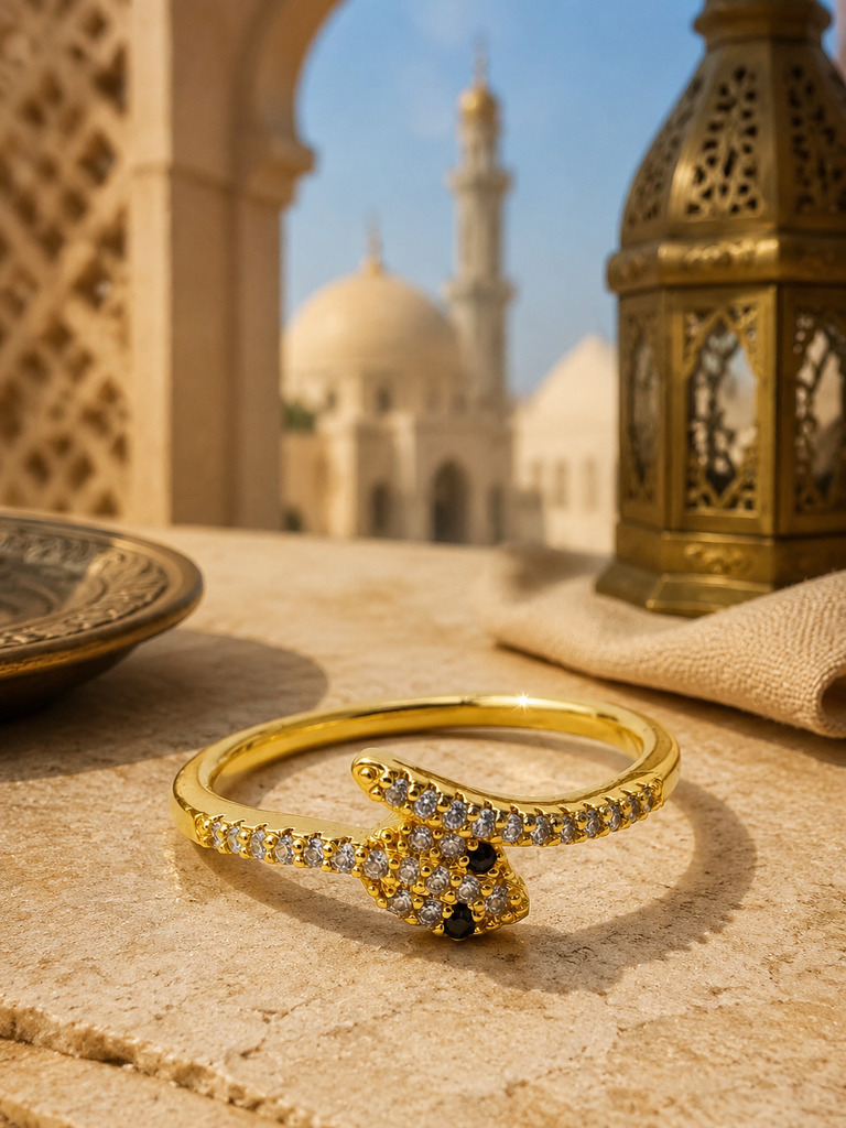 Golden Serpent Charm Ring with Zirconia