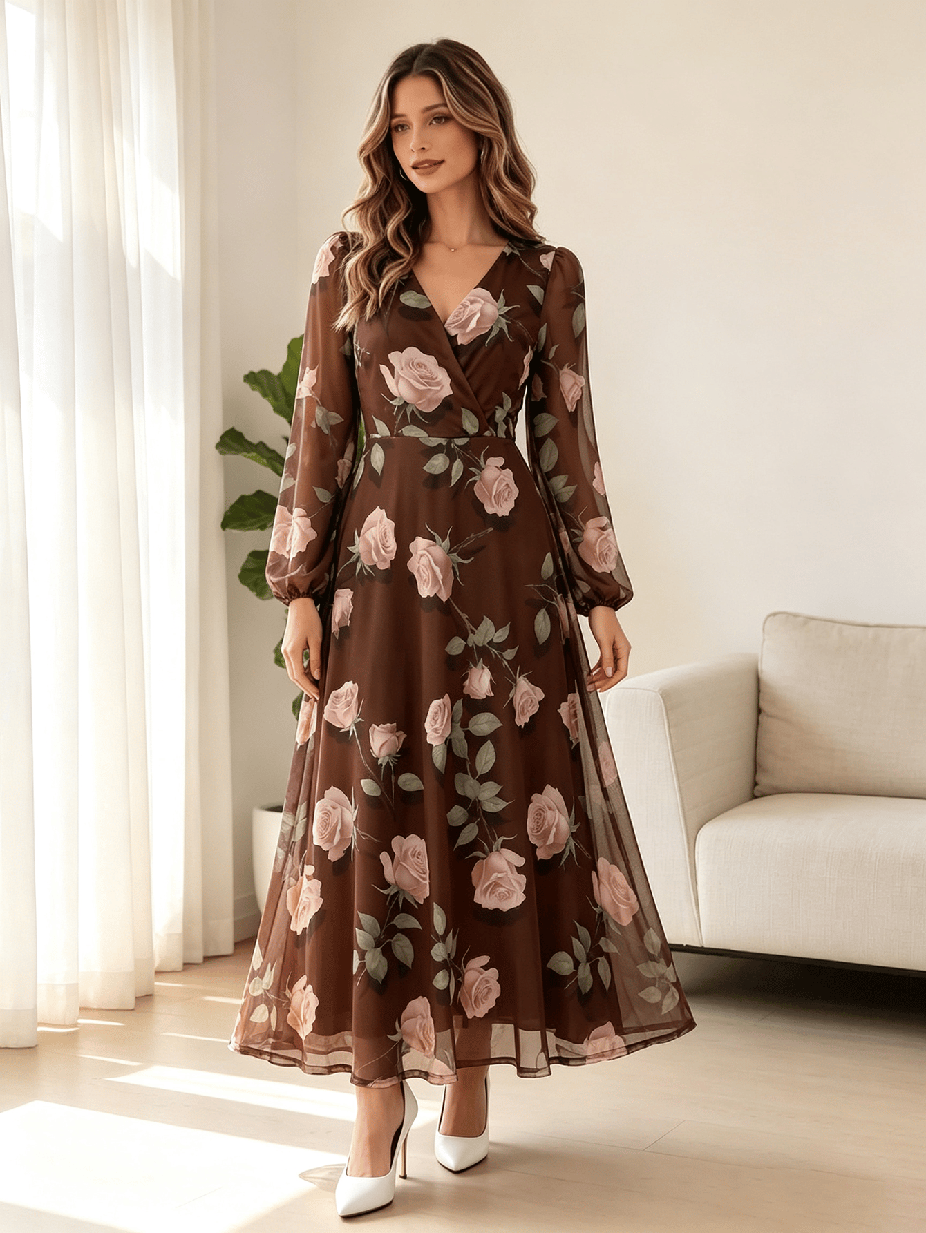 Brown Floral Maxi Dress with V-Neck