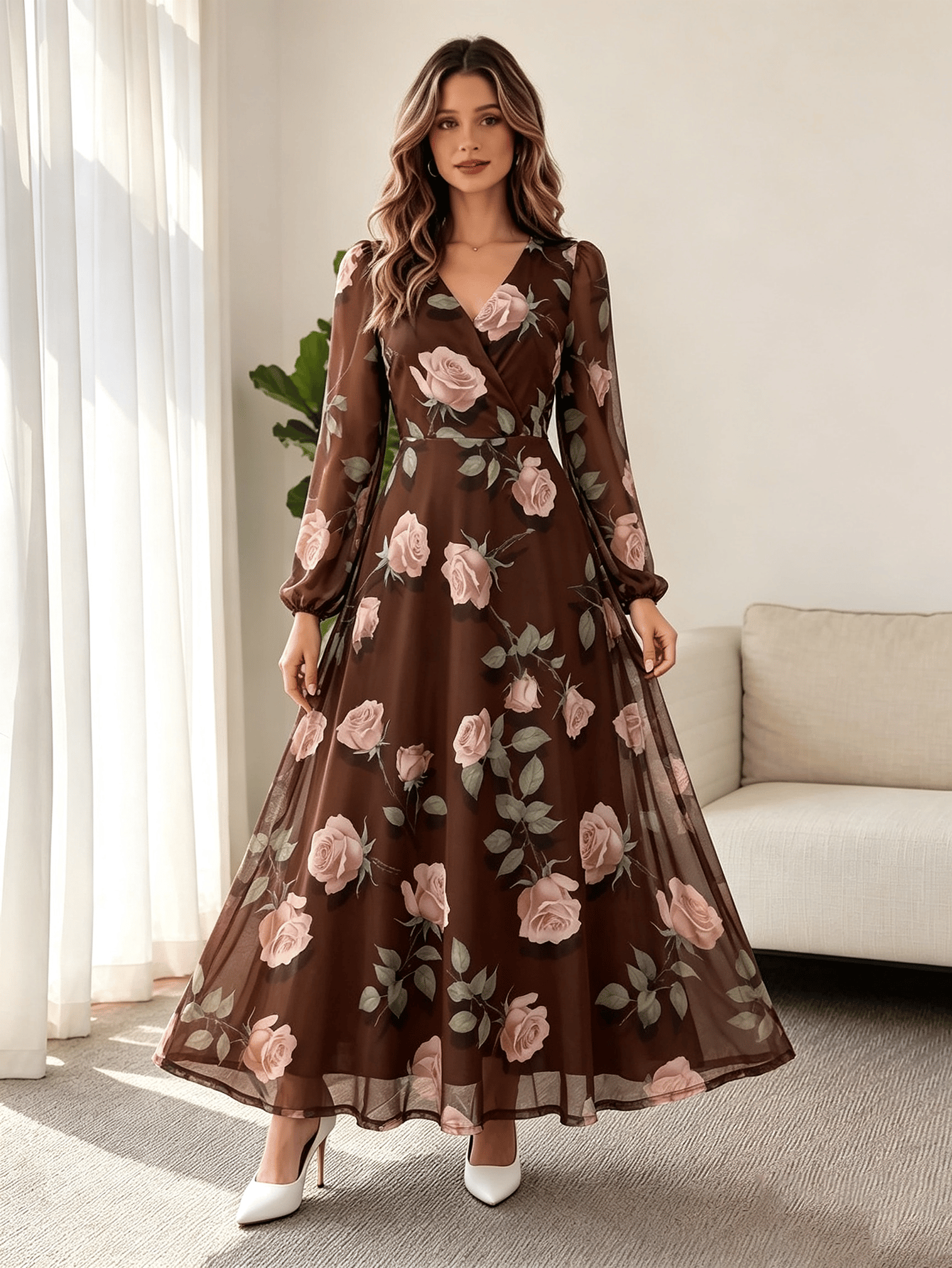 Brown Floral Maxi Dress with V-Neck