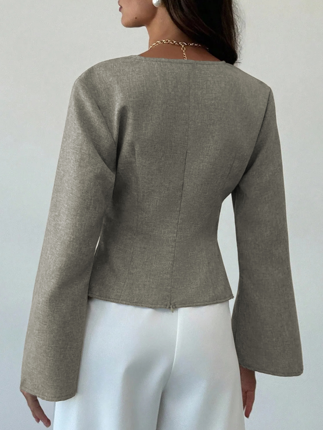 Grey Solid Long Sleeves Wrap Peplum Top