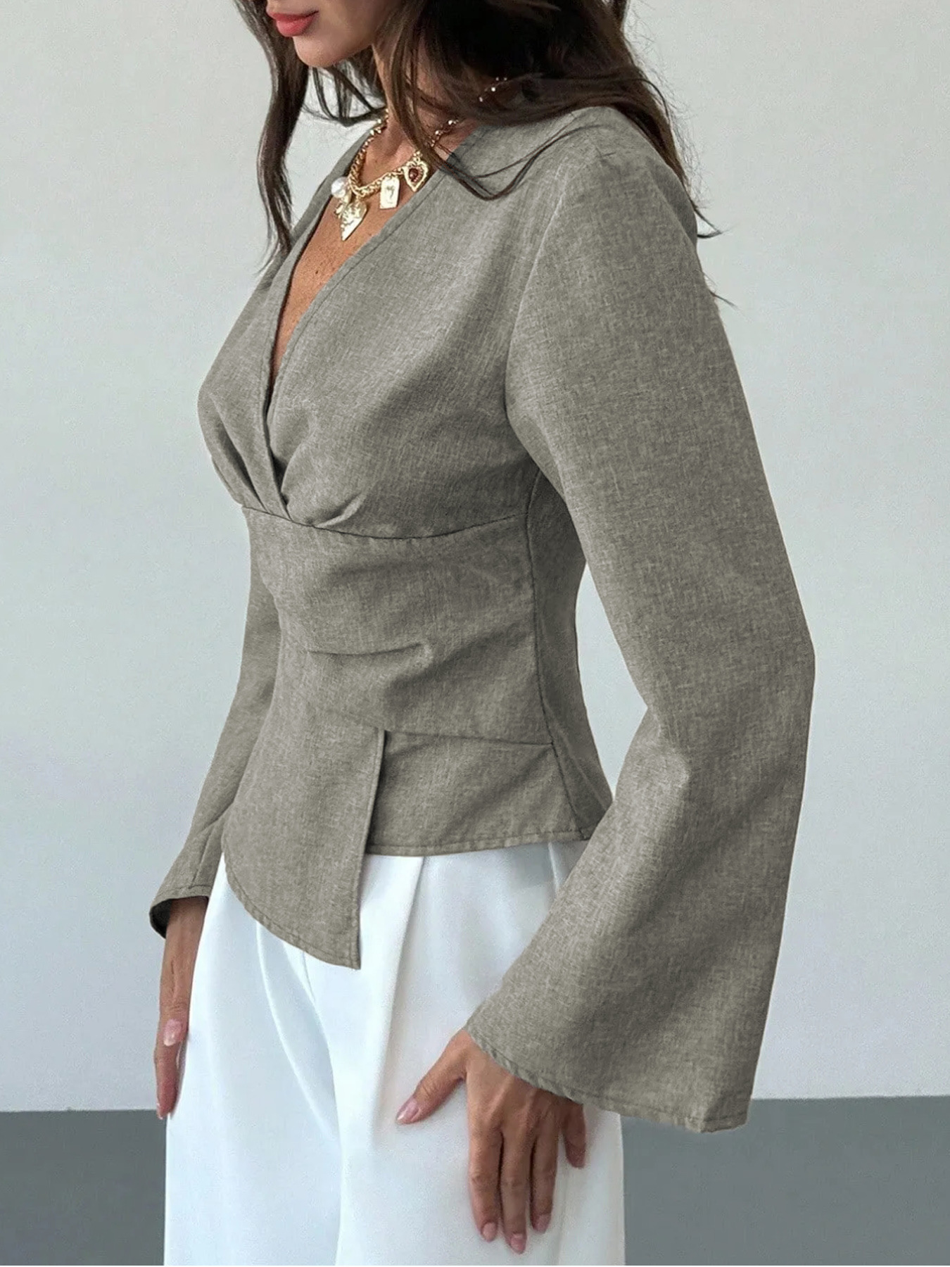 Grey Solid Long Sleeves Wrap Peplum Top