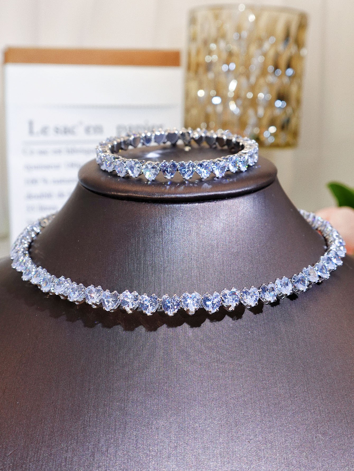 Silver Heart Choker Necklace and Bracelet Set