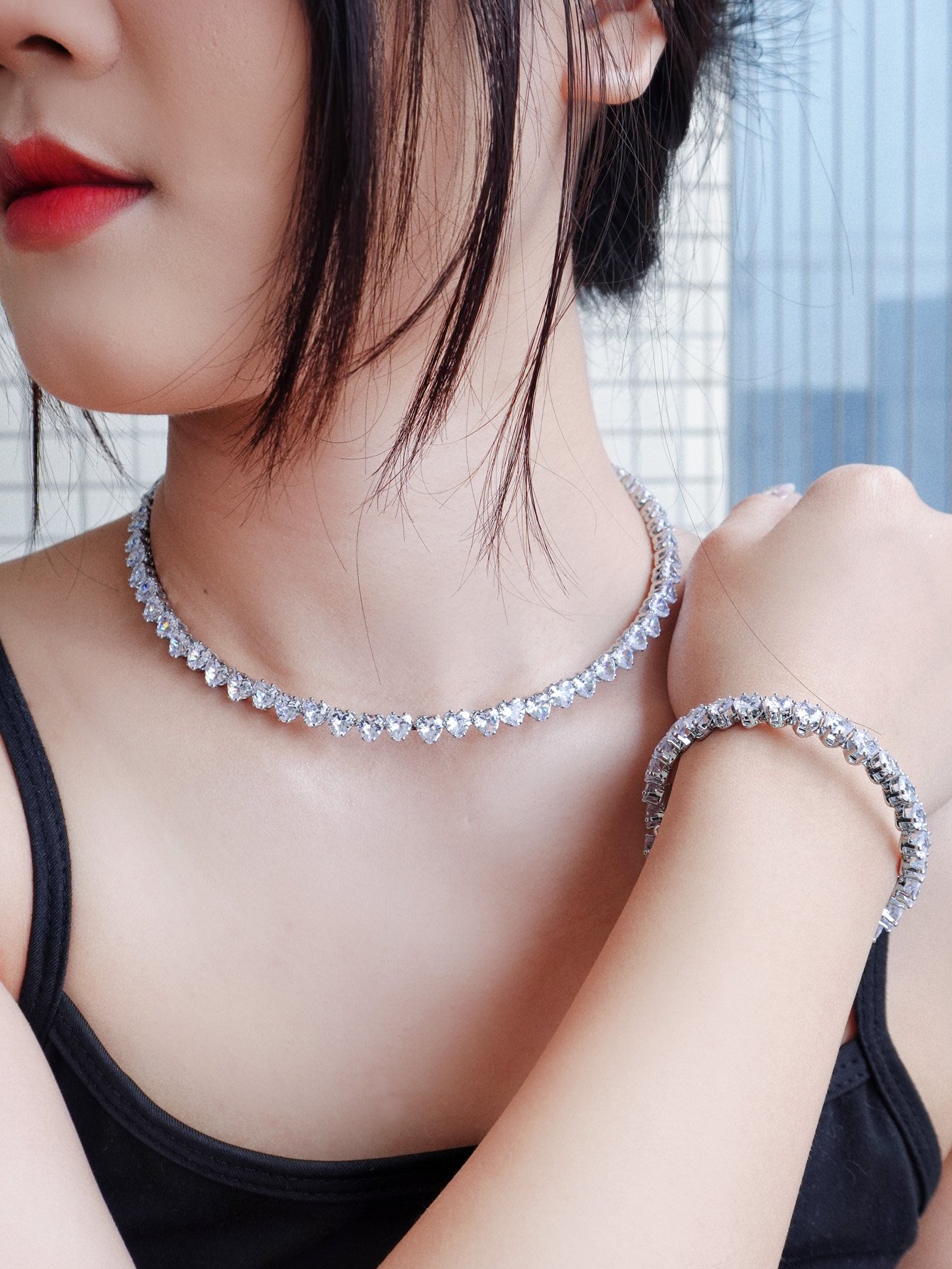 Silver Heart Choker Necklace and Bracelet Set