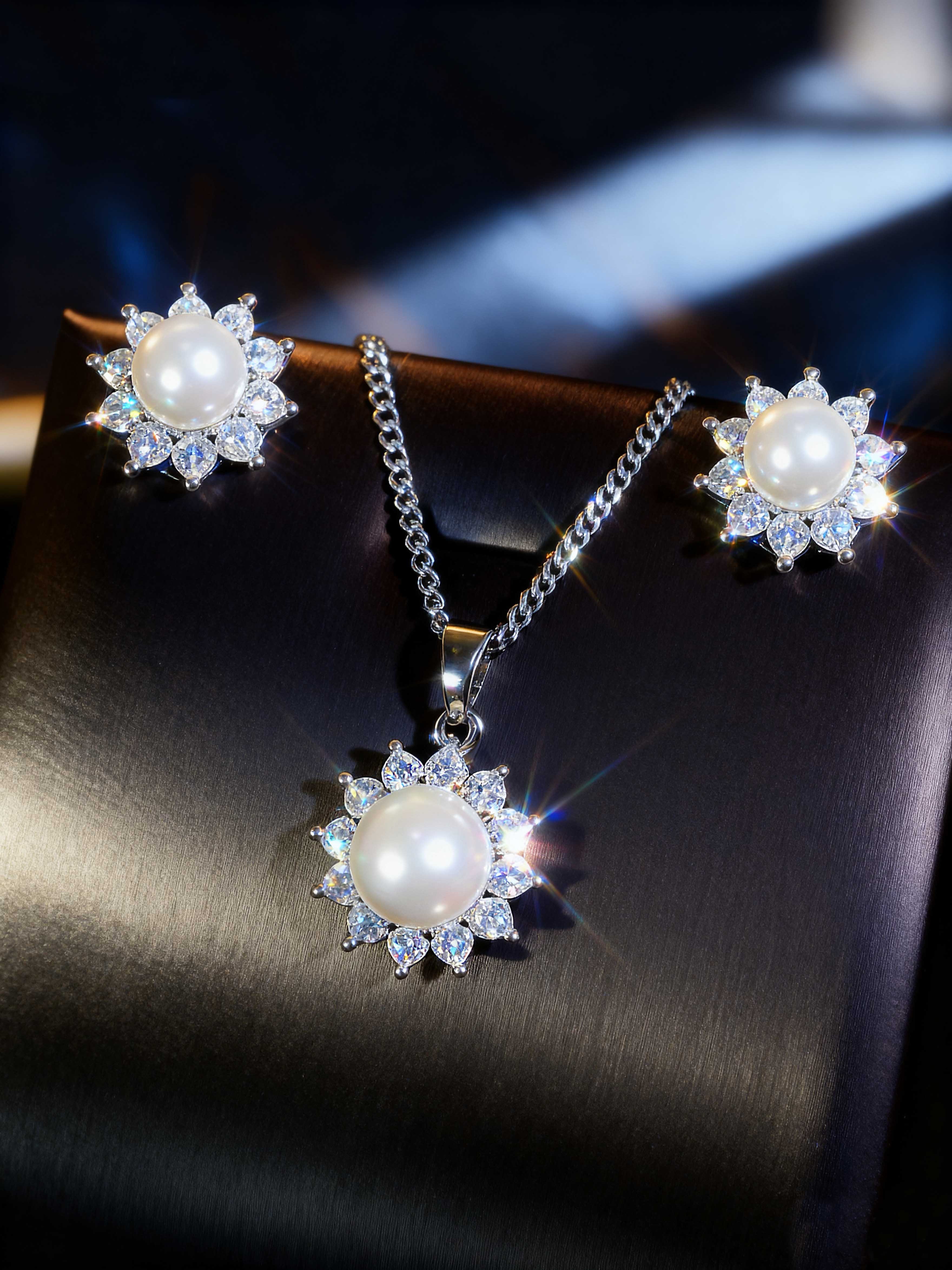 Silver Pearl Cubic Zirconia Jewelry Set