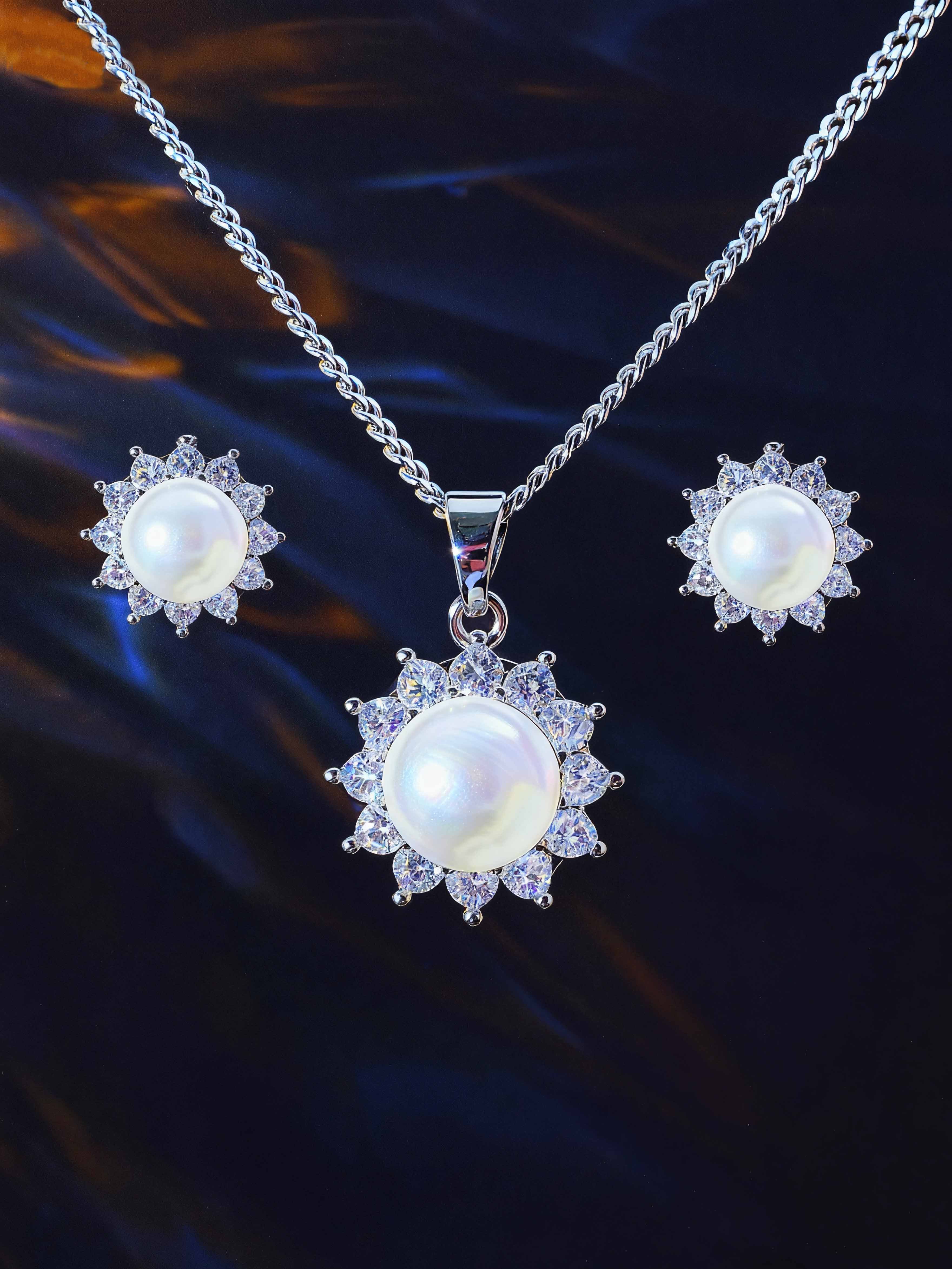 Silver Pearl Cubic Zirconia Jewelry Set