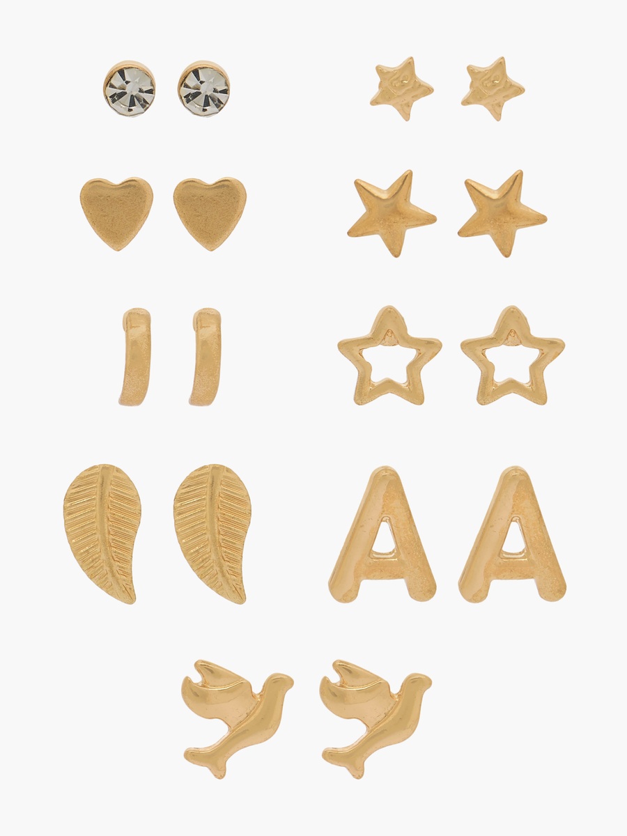 Pack of 9 Gold Tone Stud Earrings with Pushback Closure