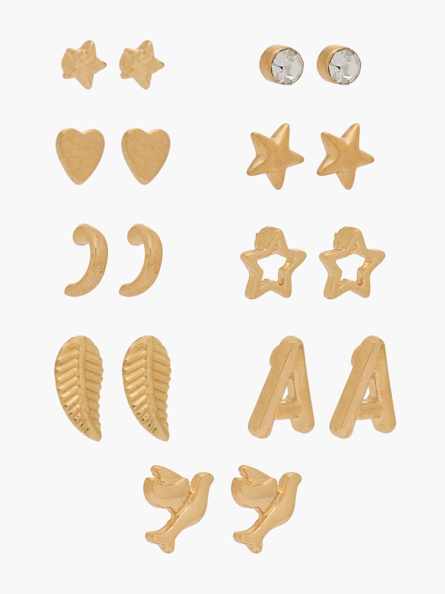 Pack of 9 Gold Tone Stud Earrings with Pushback Closure