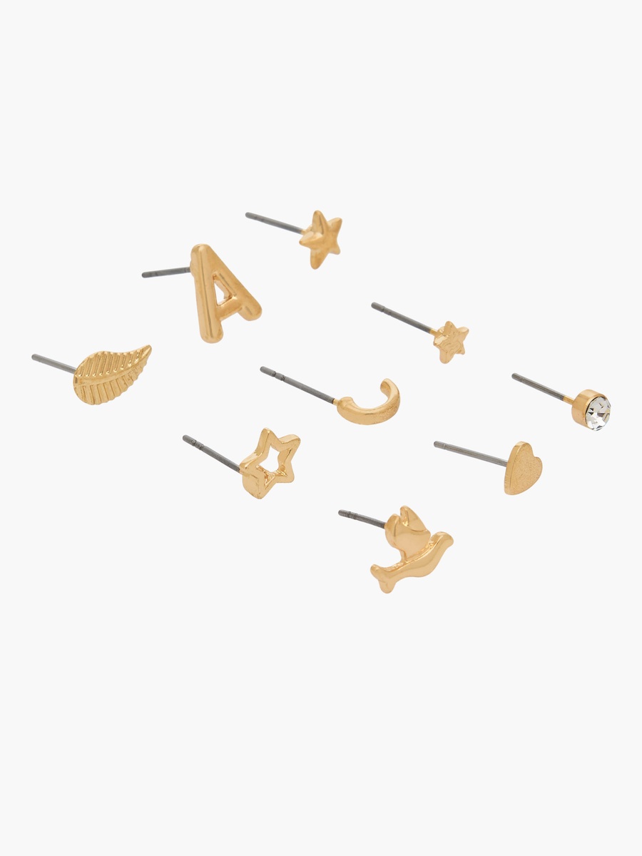 Pack of 9 Gold Tone Stud Earrings with Pushback Closure