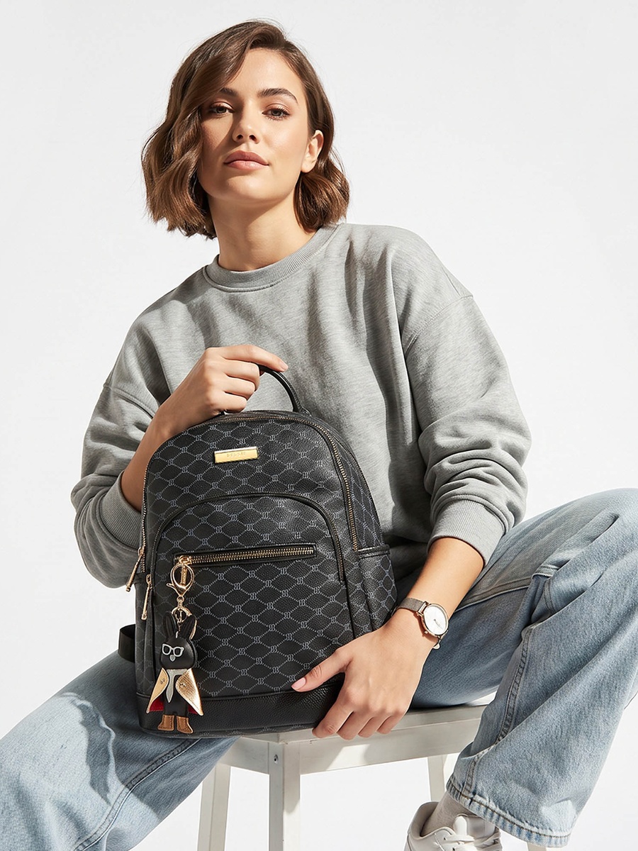Monogram Print Backpack with Adjustable Straps