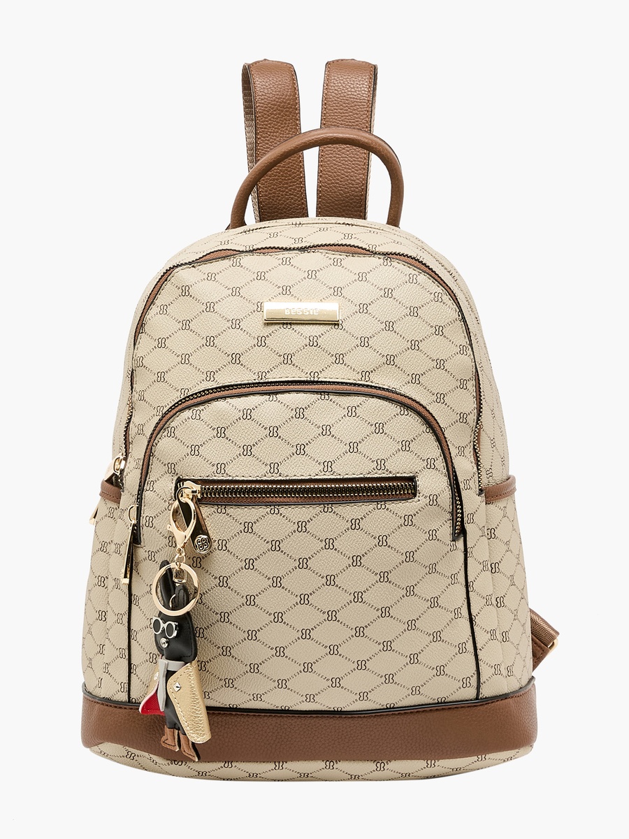 Monogram Print Backpack with Adjustable Straps