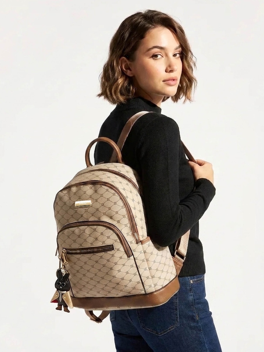 Monogram Print Backpack with Adjustable Straps