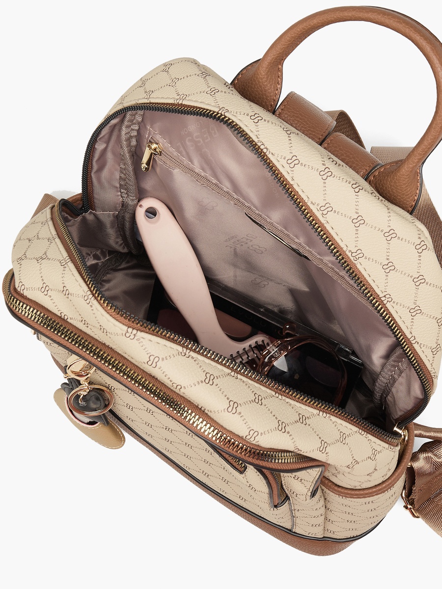 Monogram Print Backpack with Adjustable Straps
