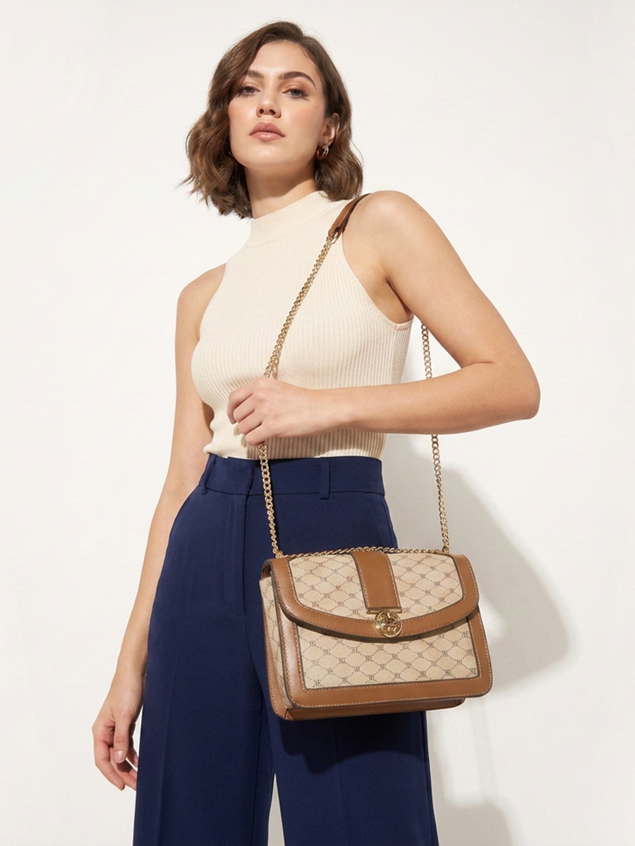 Monogram Print Crossbody Bag with Chain Strap