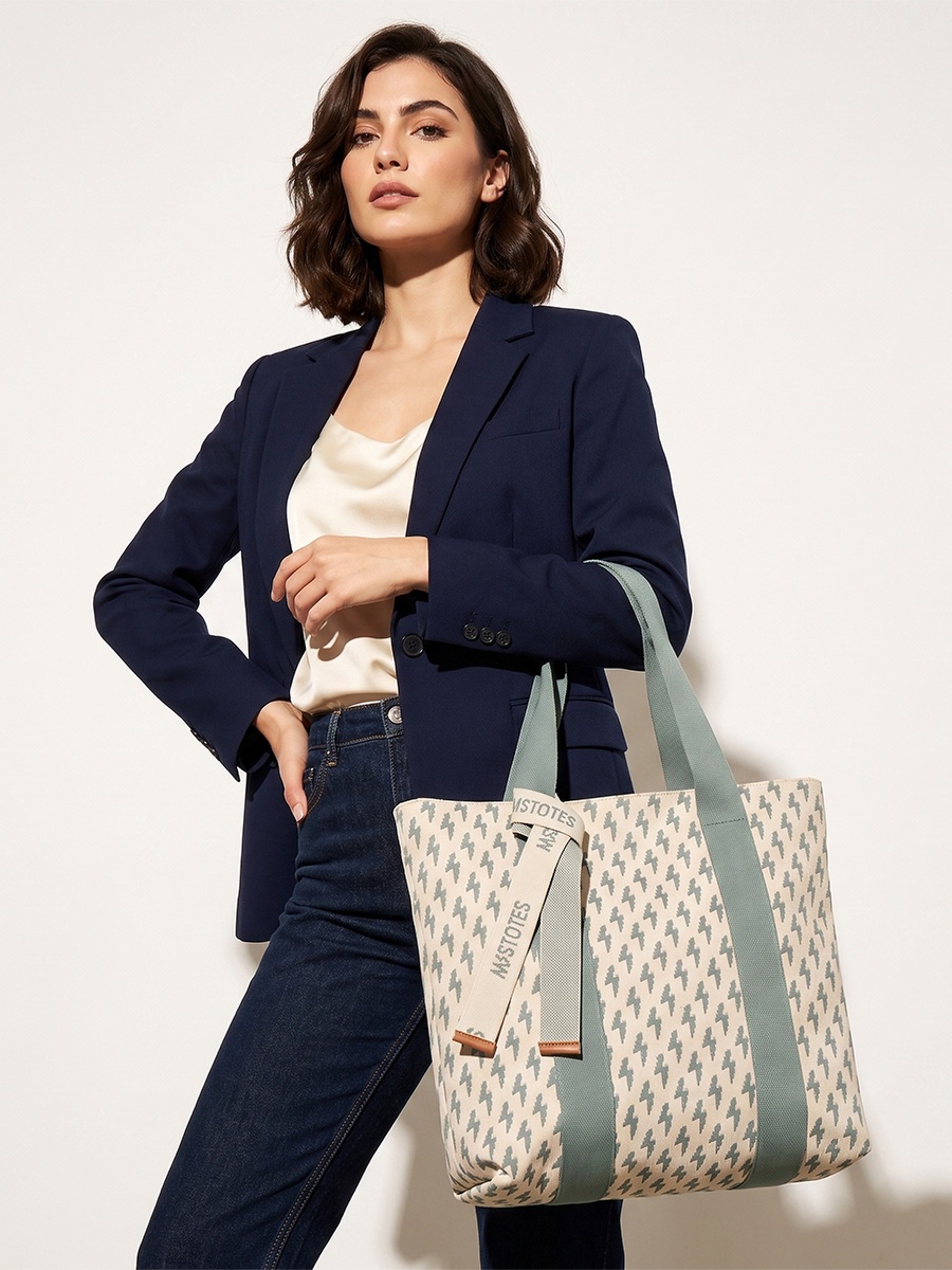 Monogram Print Tote Bag with Zip Closure