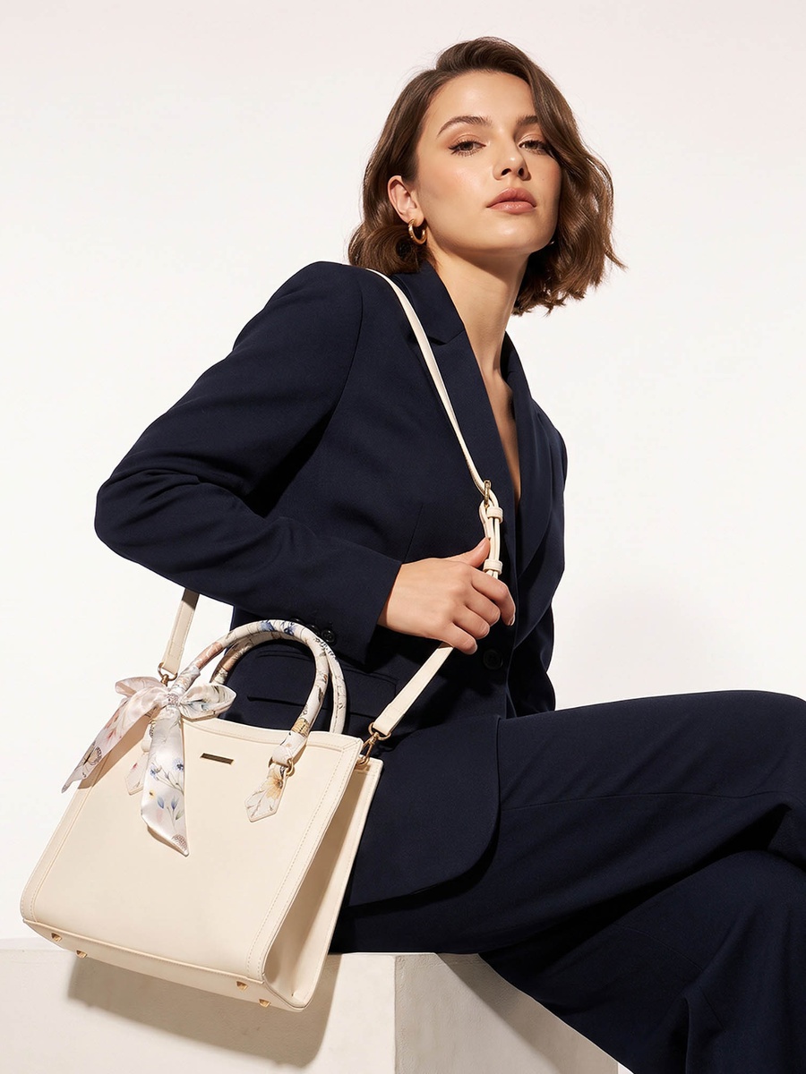 Solid Tote Bag with Scarf Accent