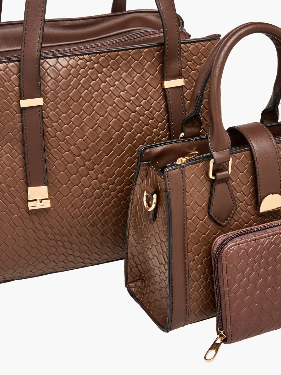 Textured Tote Bag with Crossbody Bag and Wallet