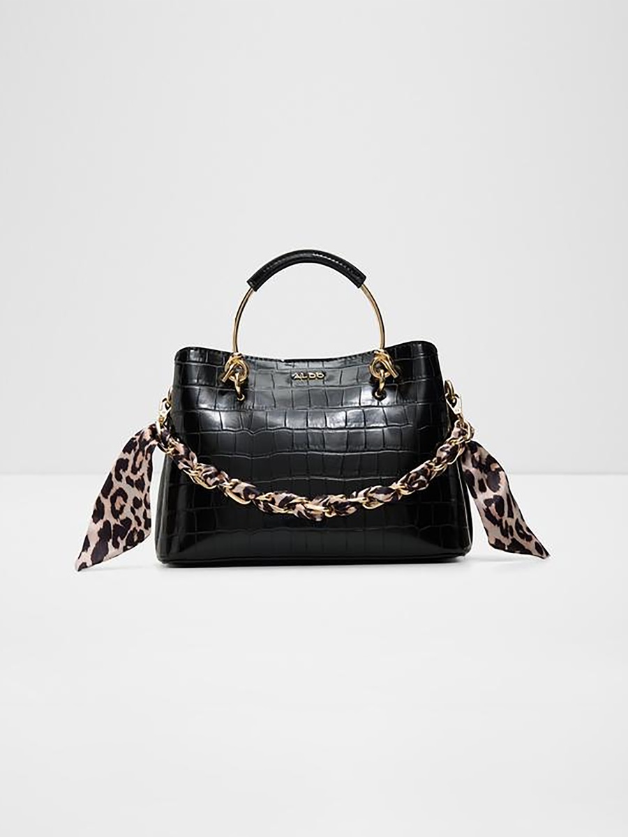 Calanthe Croc Textured Double Handle Satchel Bag with Magnetic Closure and Strap