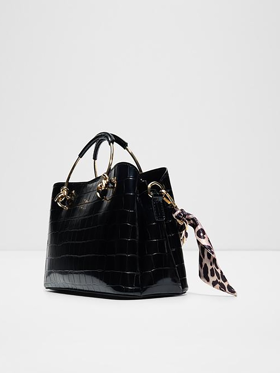 Calanthe Croc Textured Double Handle Satchel Bag with Magnetic Closure and Strap