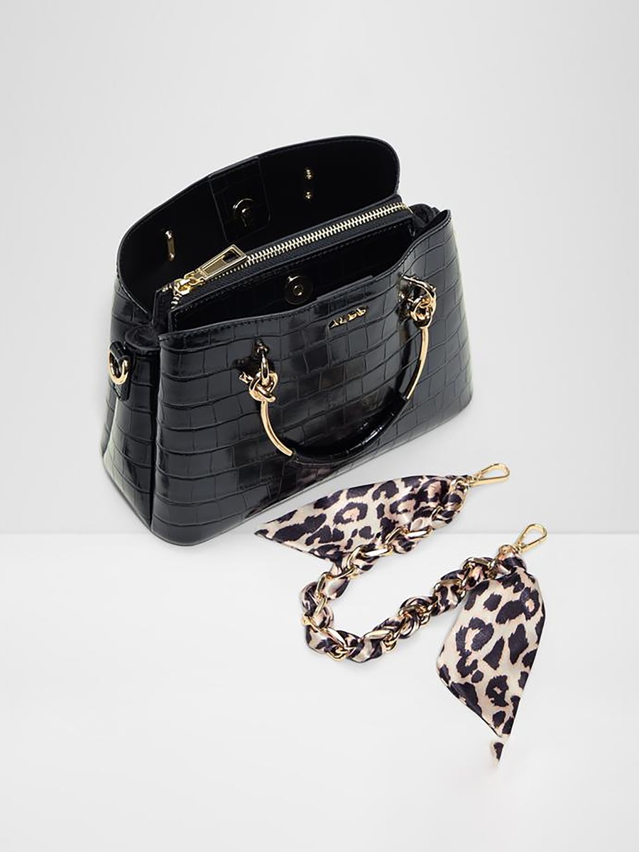 Calanthe Croc Textured Double Handle Satchel Bag with Magnetic Closure and Strap