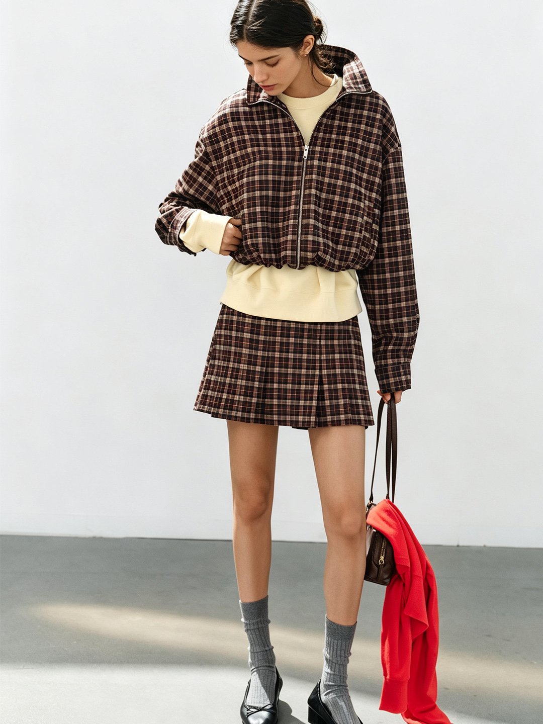 Multi-Plaid Cropped Windbreaker Jacket