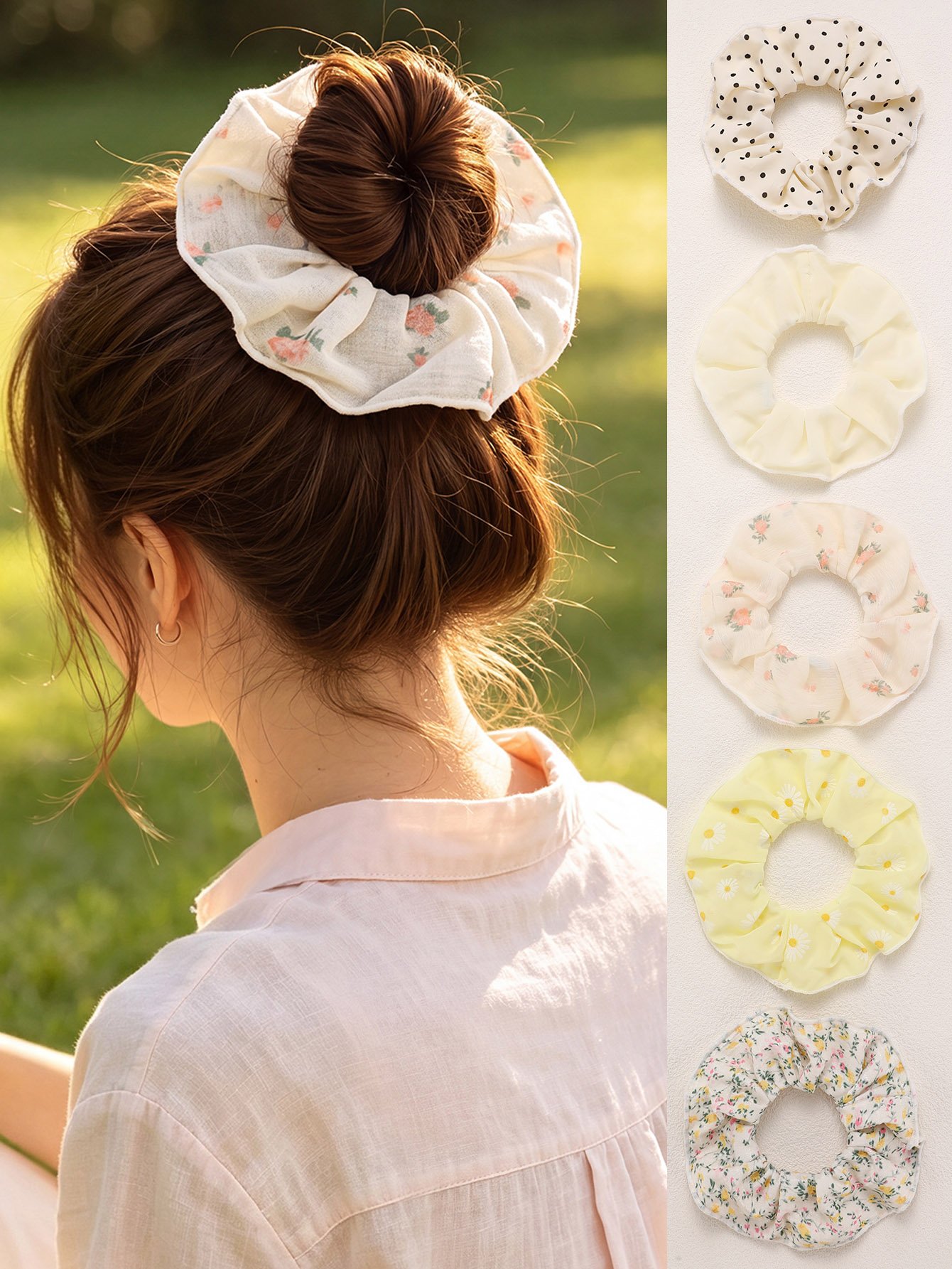 Floral and Polka Dot Scrunchie Set - 5 Pcs