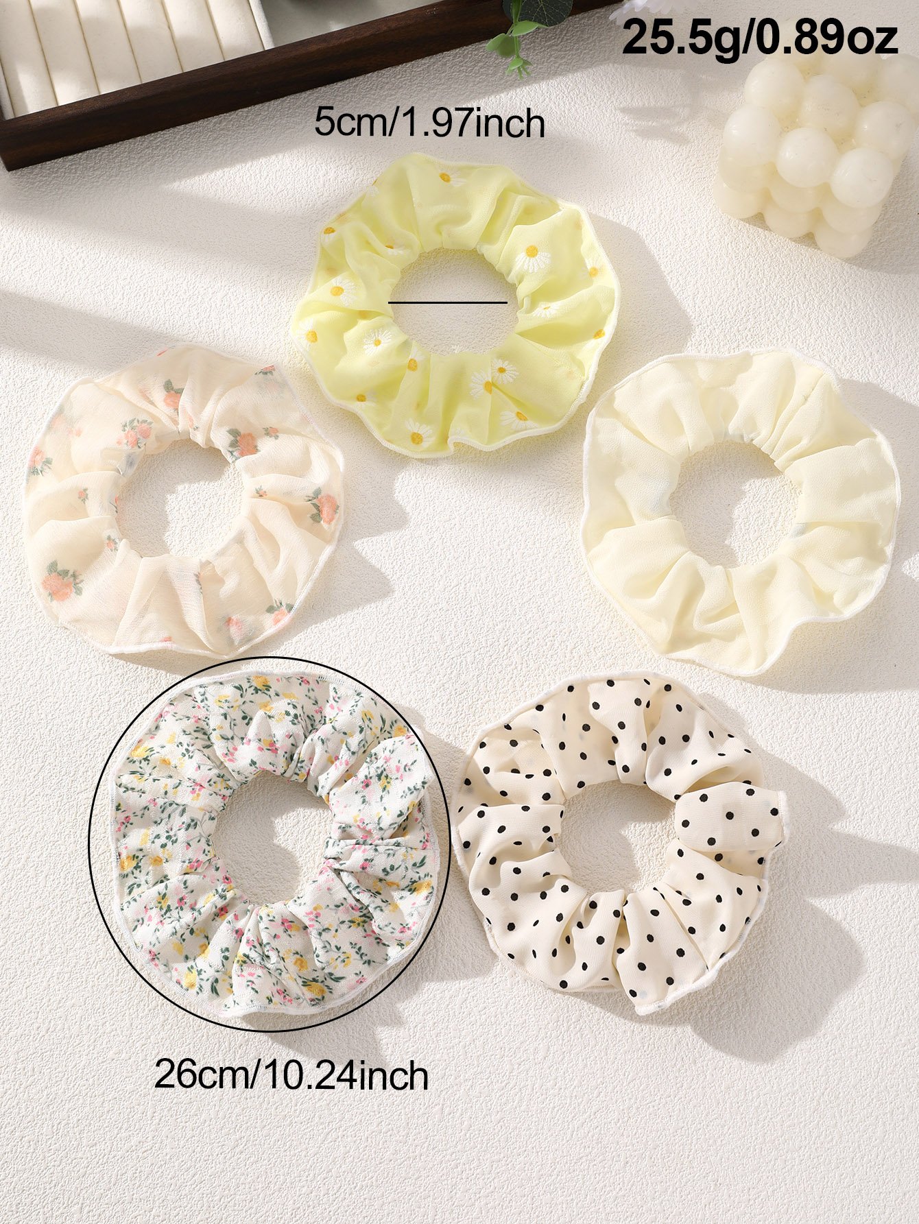 Floral and Polka Dot Scrunchie Set - 5 Pcs