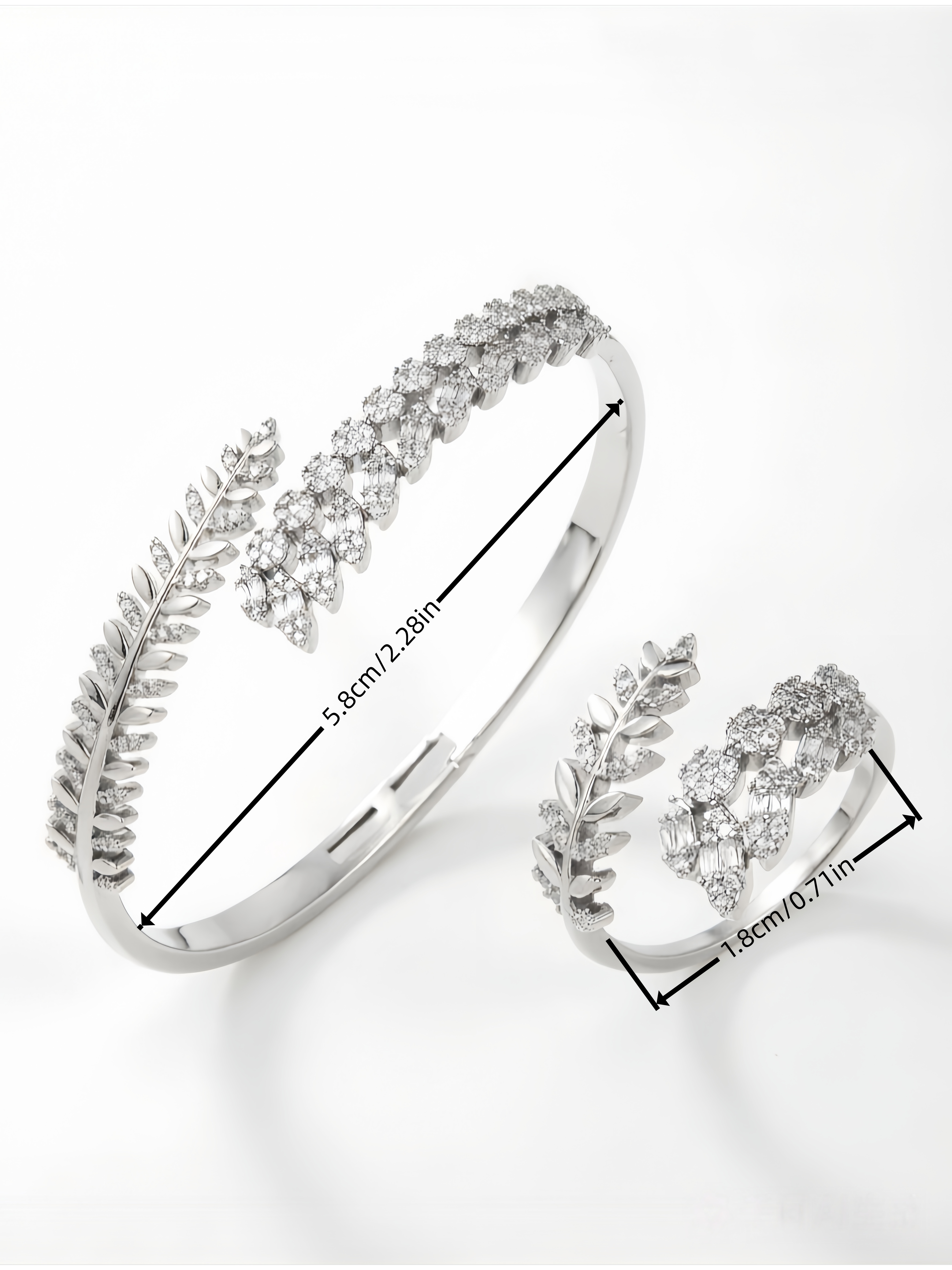 Silver Zircon Wheat Spike Bangle and Ring Set