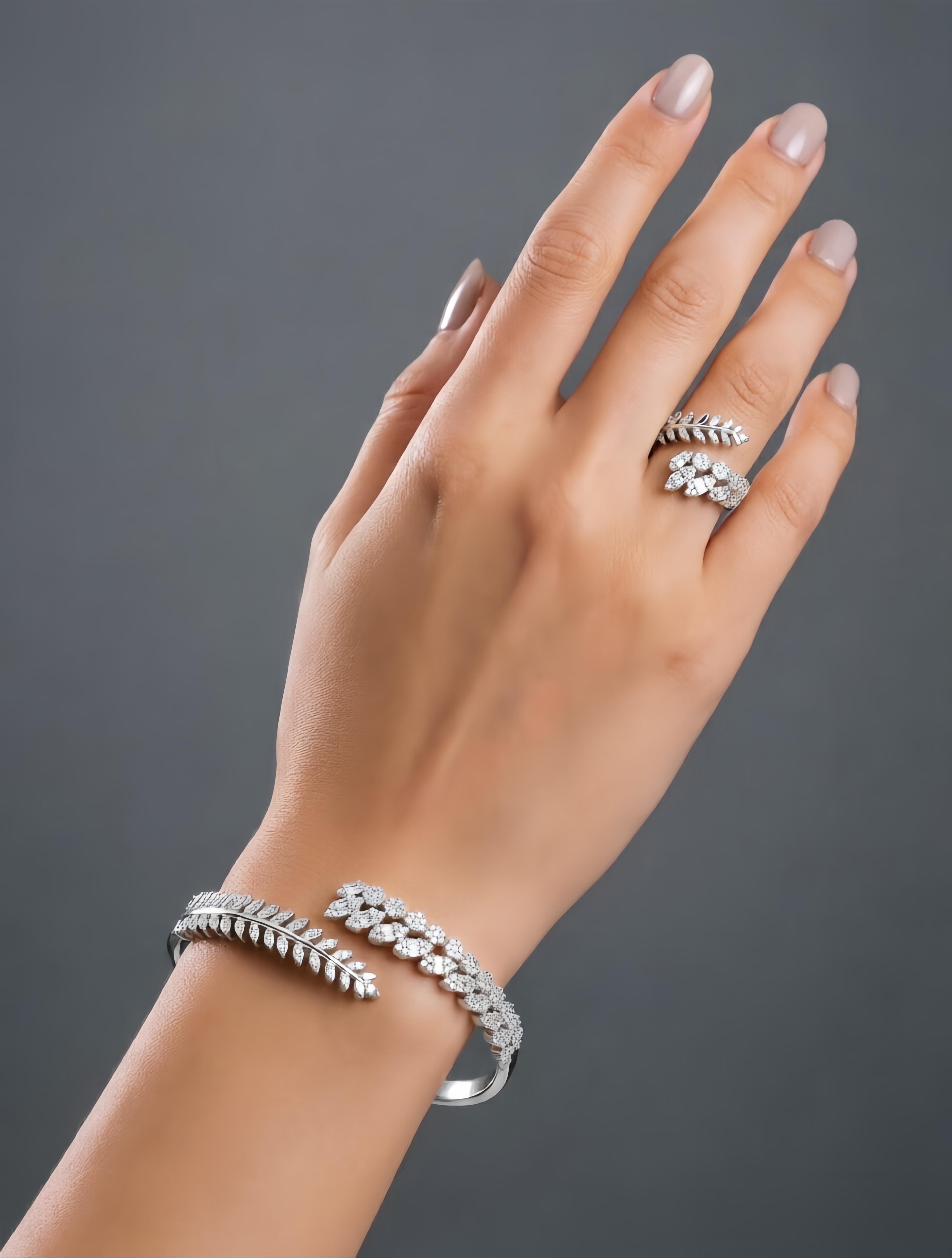 Silver Zircon Wheat Spike Bangle and Ring Set