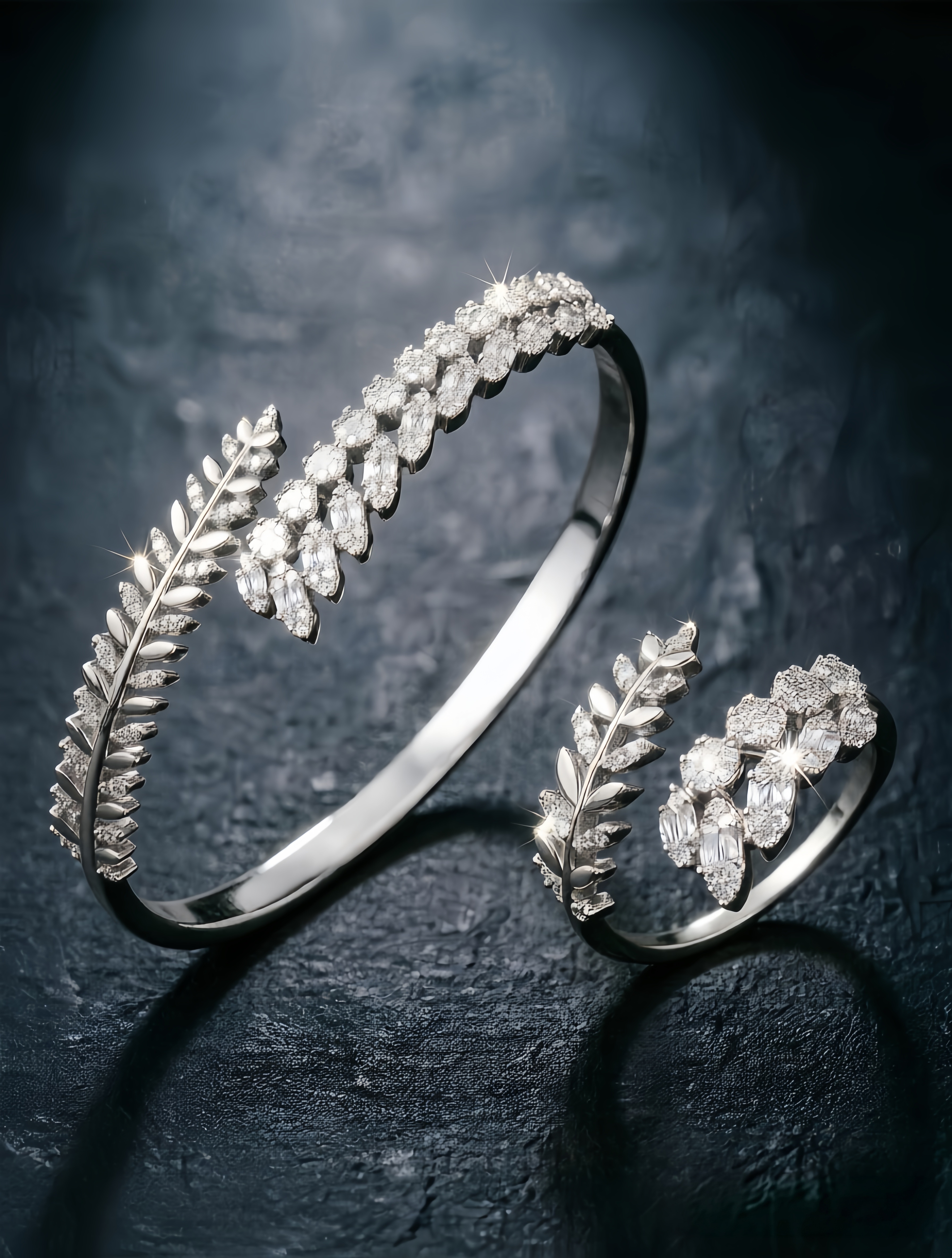 Silver Zircon Wheat Spike Bangle and Ring Set