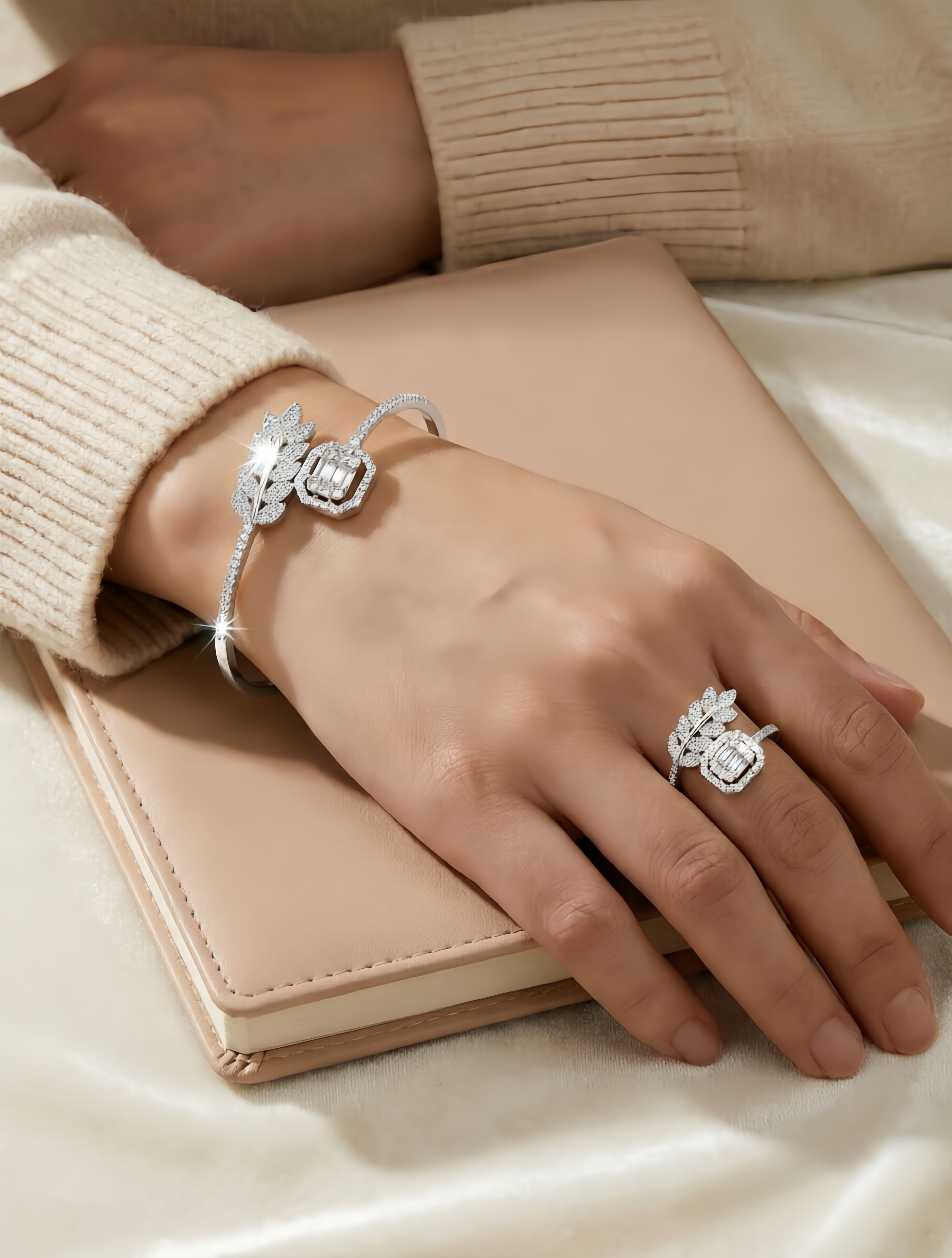 Silver Leaf Bangle and Ring Set