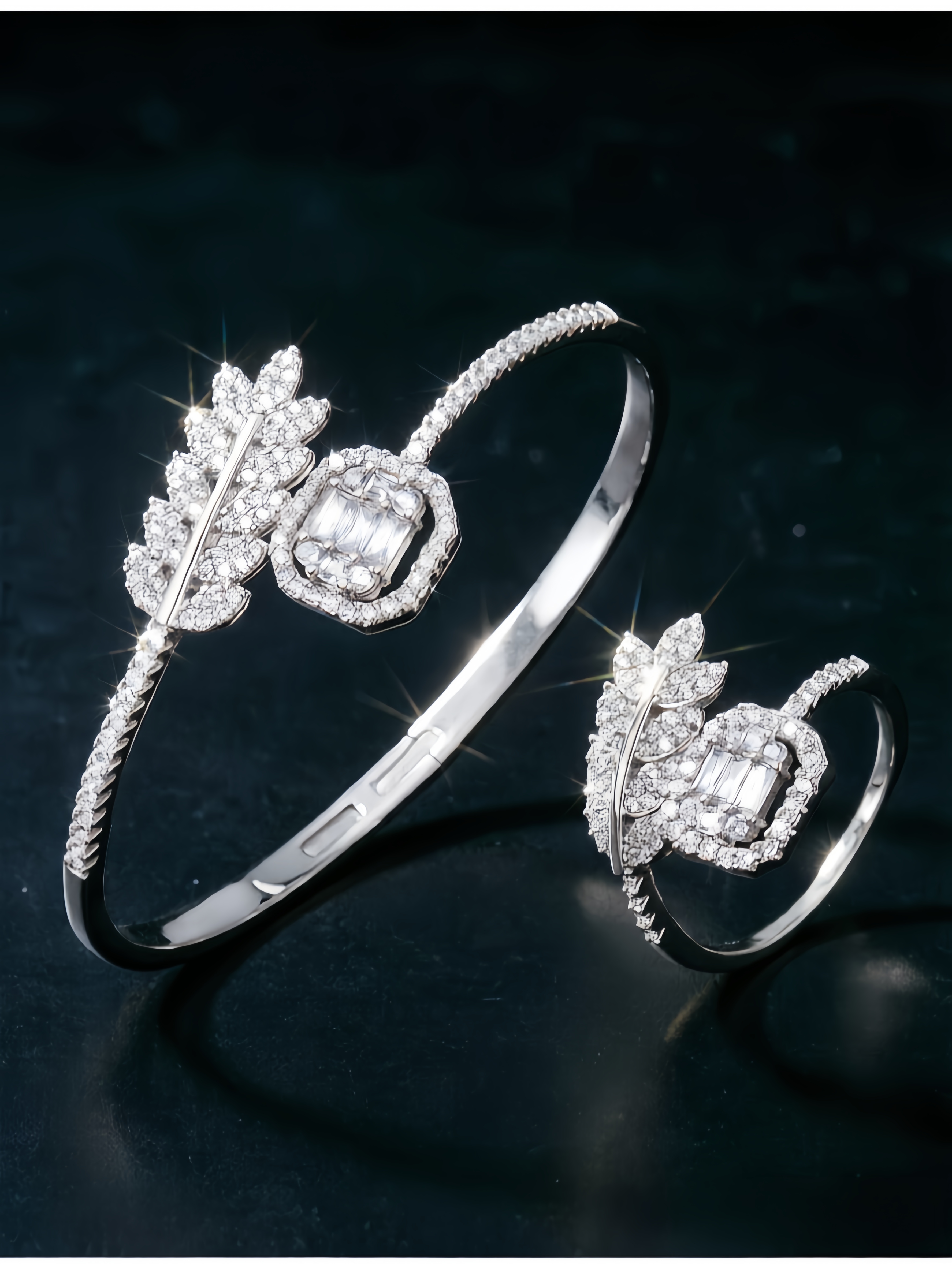 Silver Leaf Bangle and Ring Set
