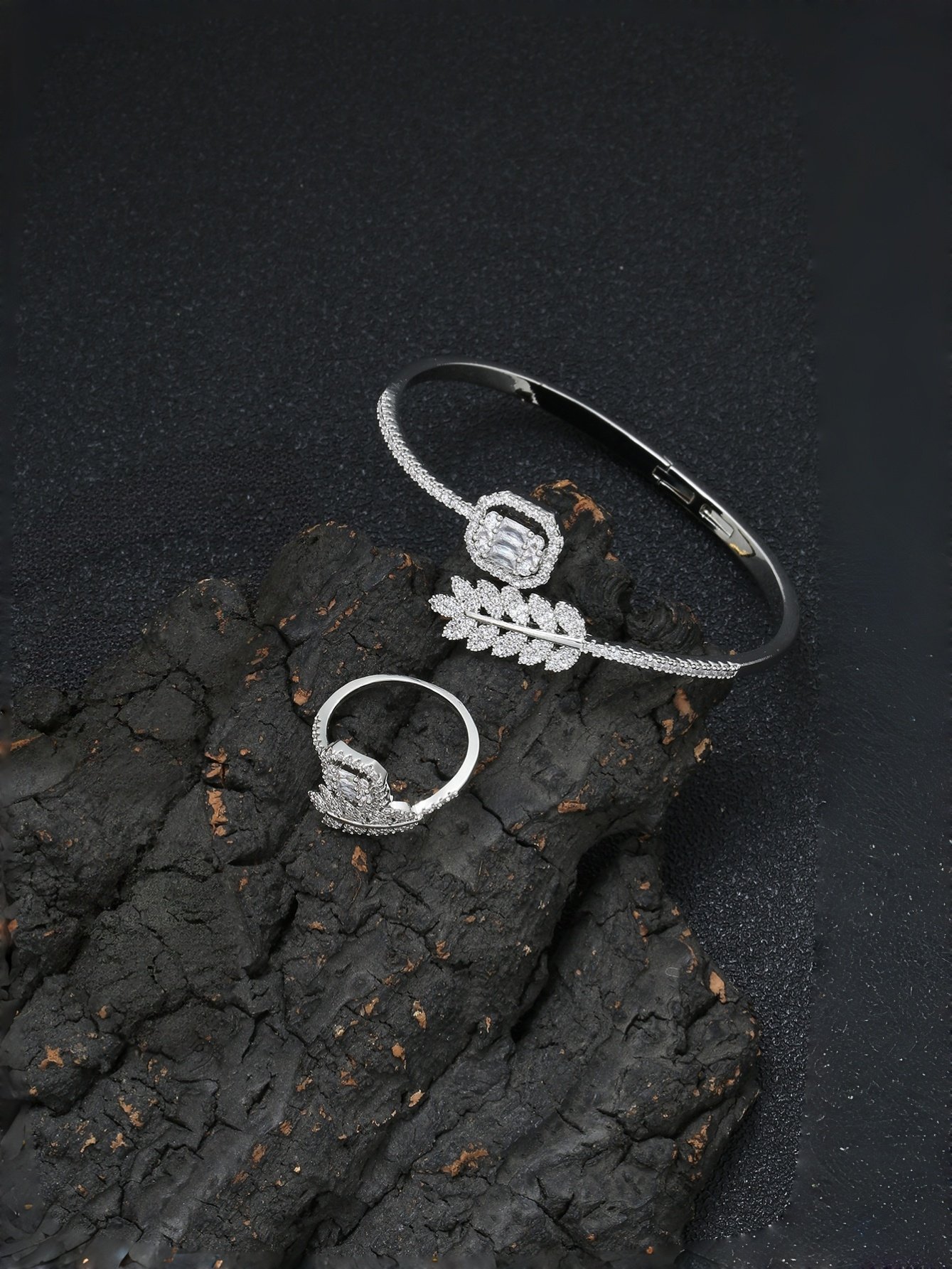 Silver Leaf Bangle and Ring Set
