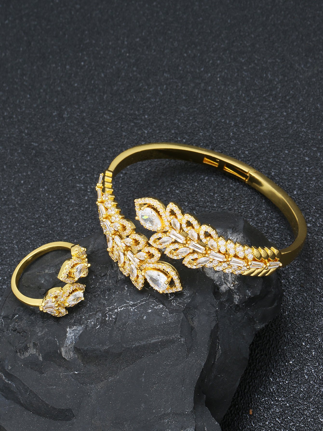 Gold Zircon Leaf Bangle and Ring Set