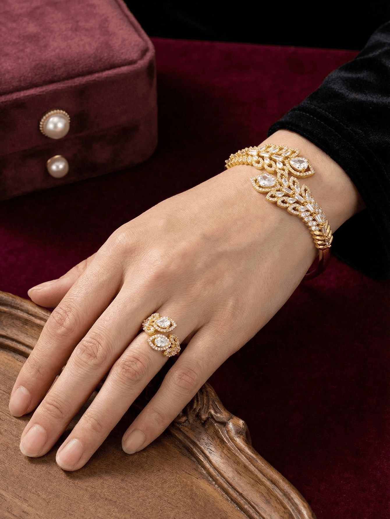 Gold Zircon Leaf Bangle and Ring Set