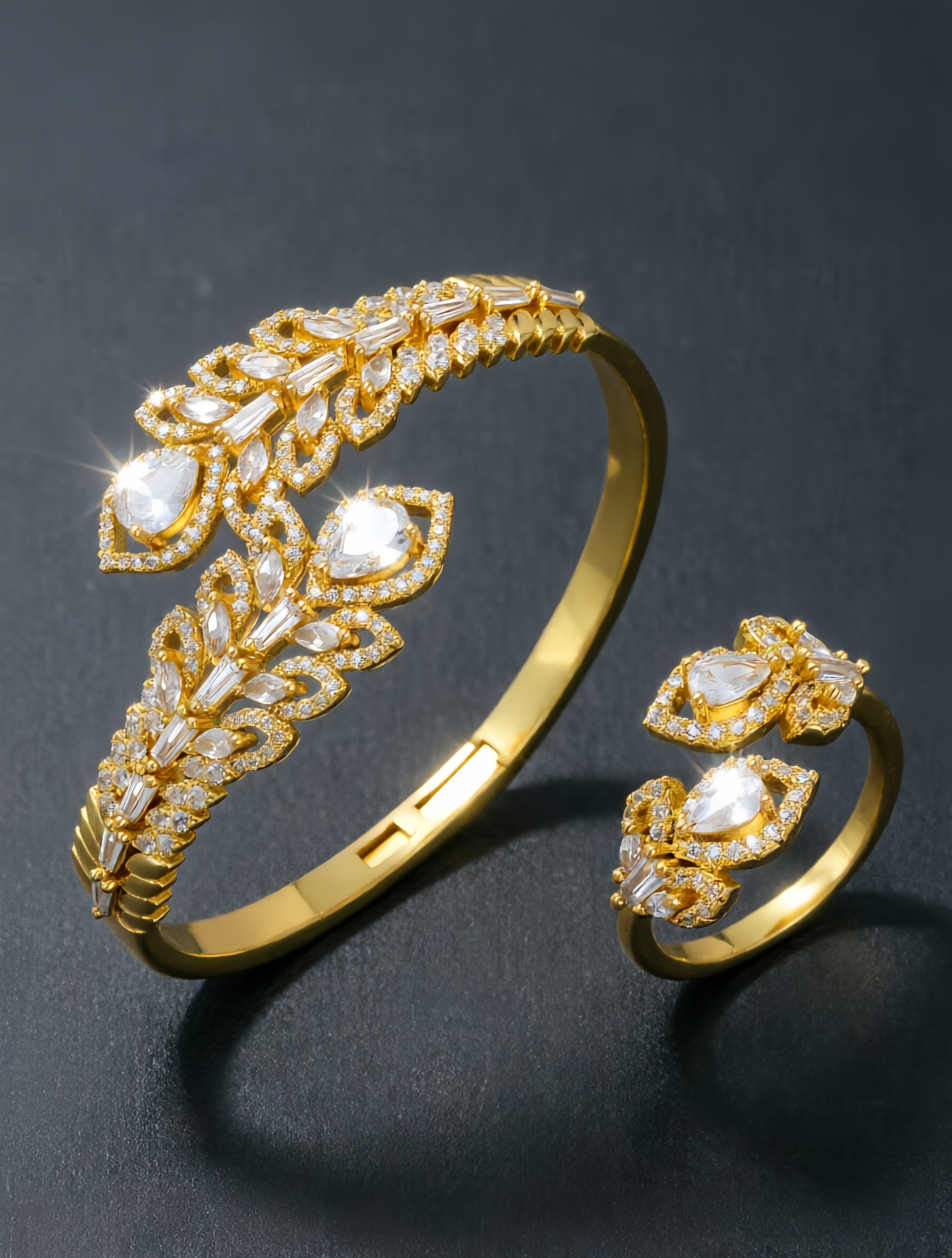 Gold Zircon Leaf Bangle and Ring Set