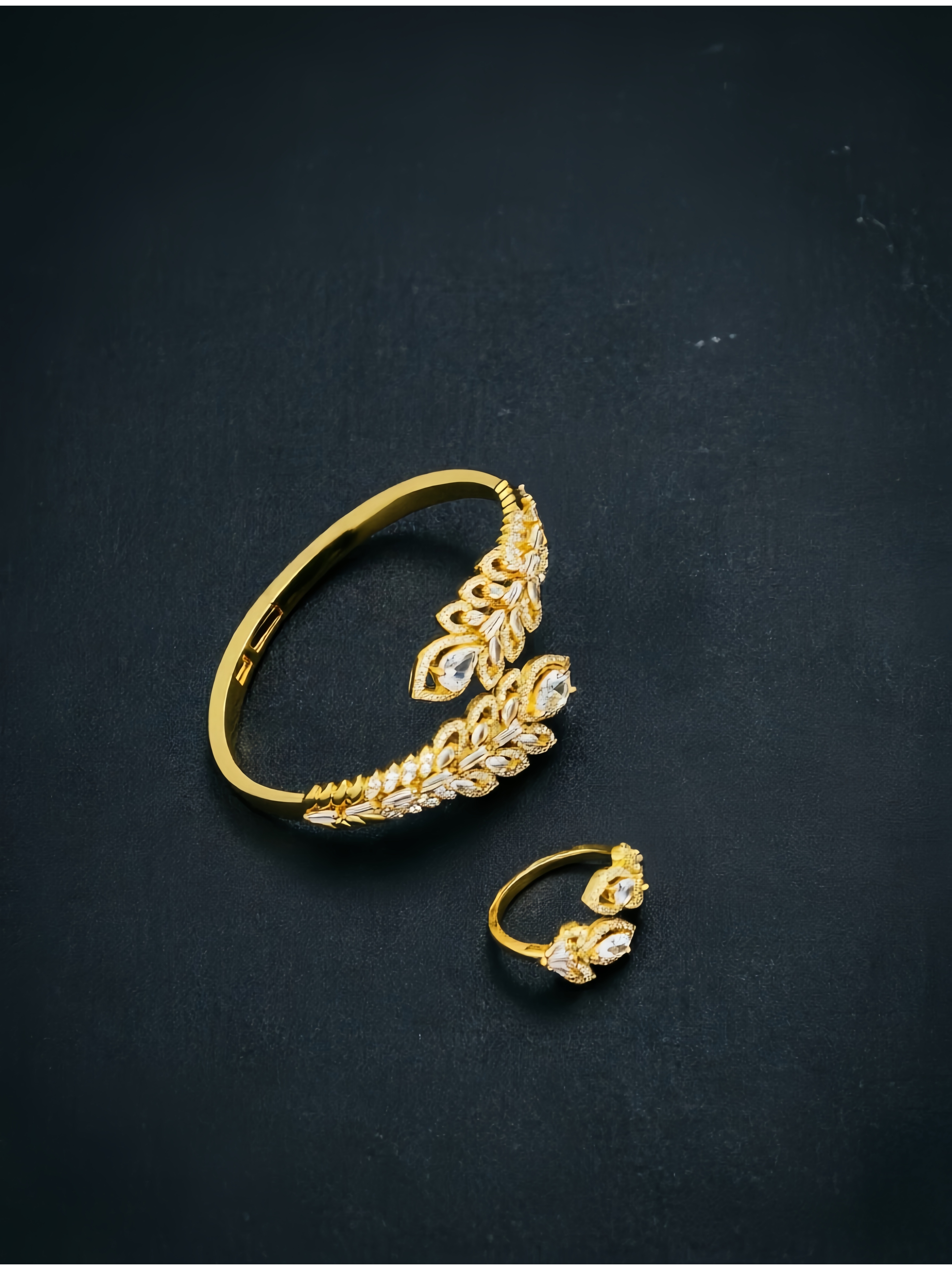 Gold Zircon Leaf Bangle and Ring Set