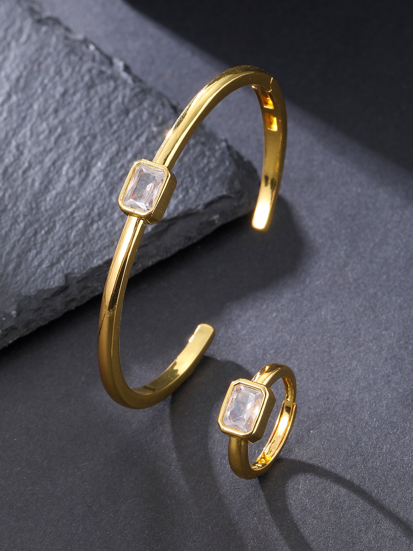 Gold Plated Zircon Cuff Bangle and Ring Set