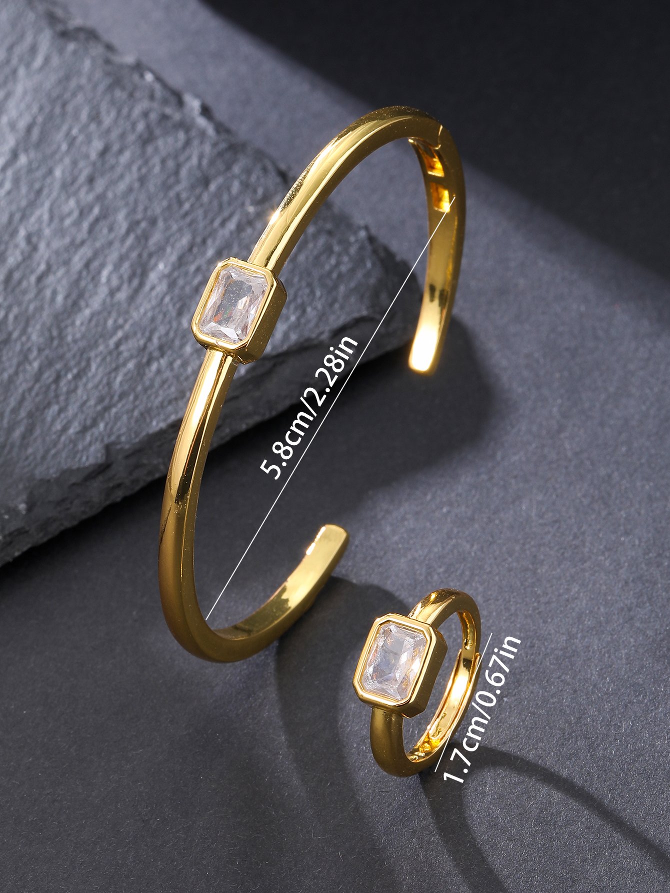 Gold Plated Zircon Cuff Bangle and Ring Set