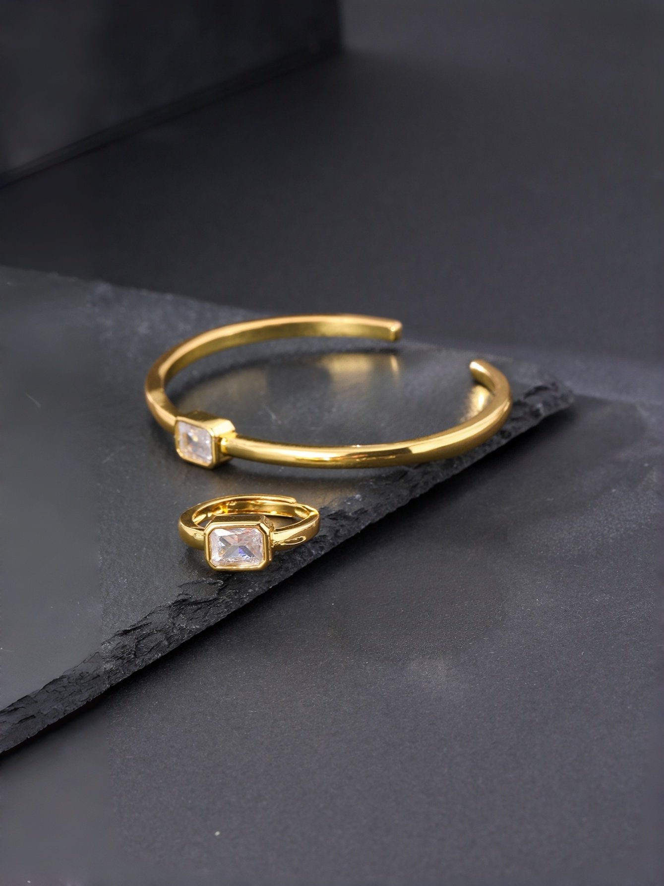 Gold Plated Zircon Cuff Bangle and Ring Set