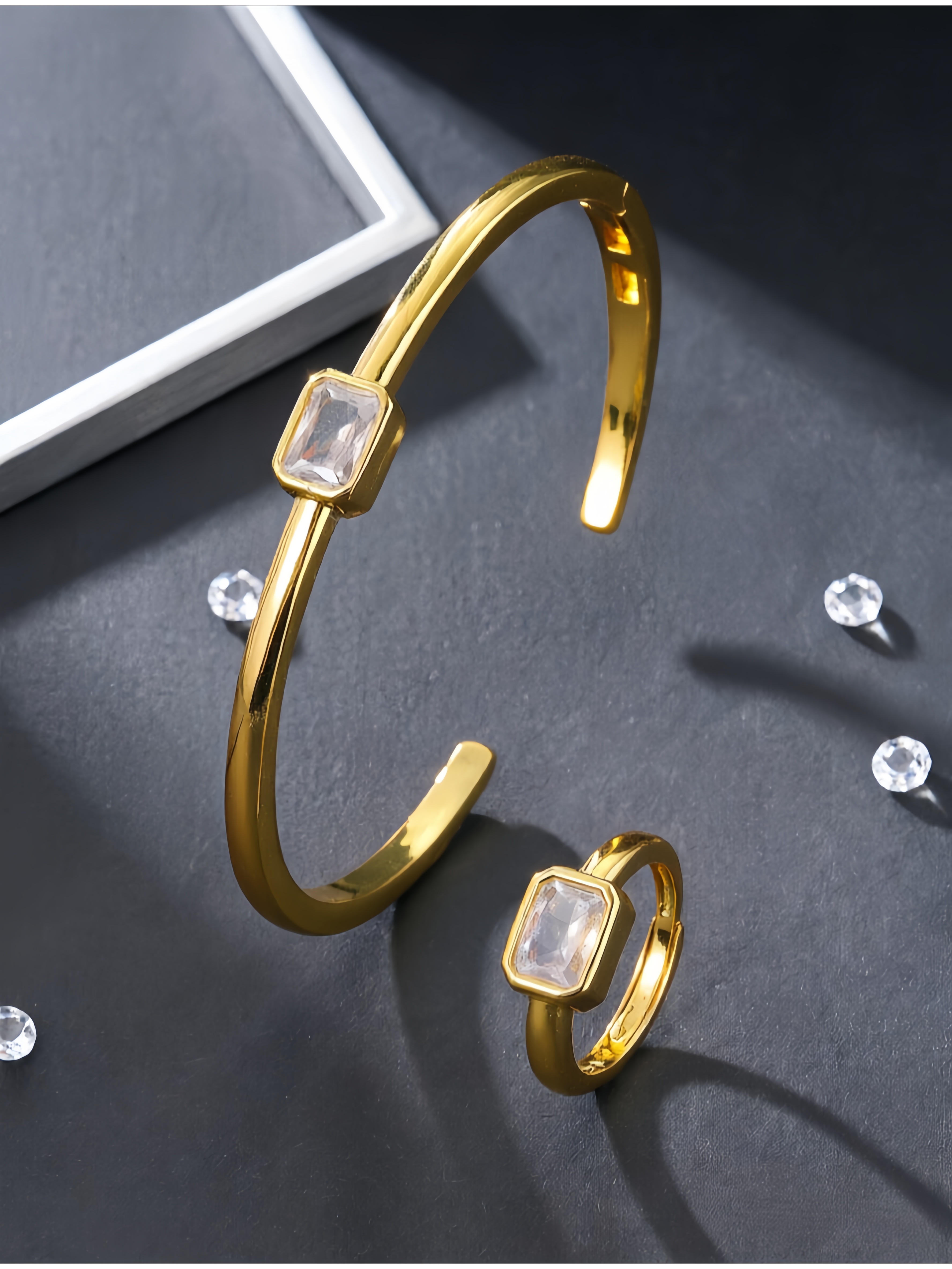 Gold Plated Zircon Cuff Bangle and Ring Set
