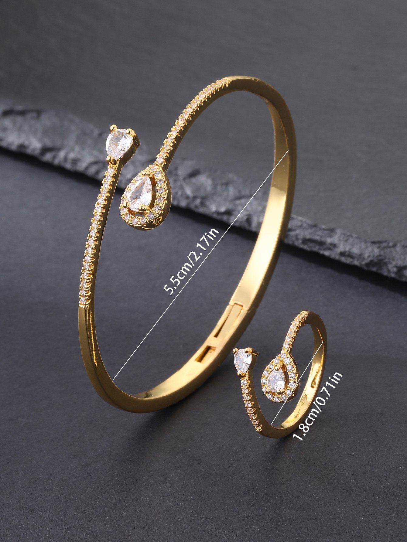 Gold-Plated Teardrop Zircon Bangle and Ring Set - 2pc