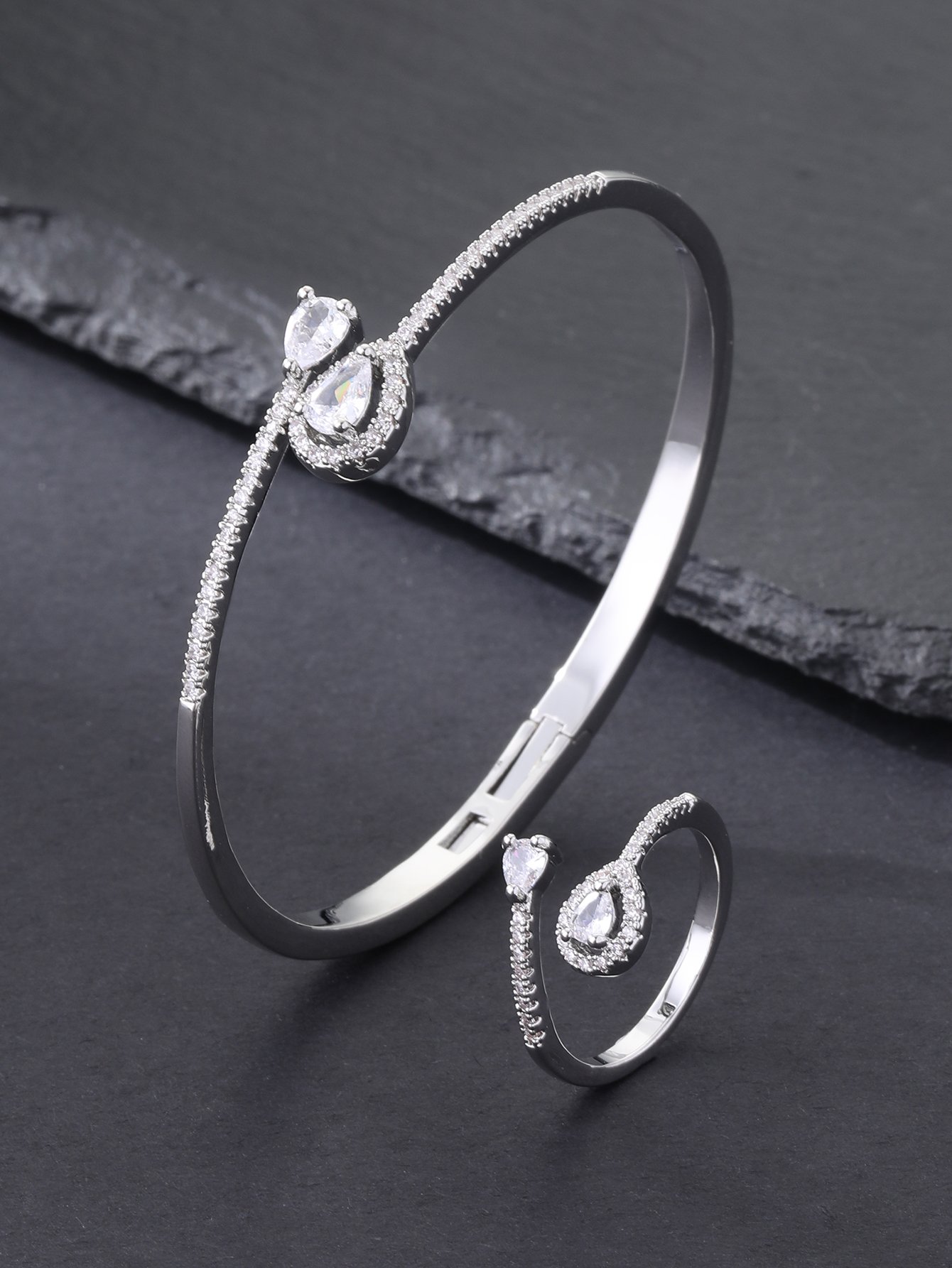 Silver Plated Zircon Water Drop Bangle and Ring Set 2-Piece