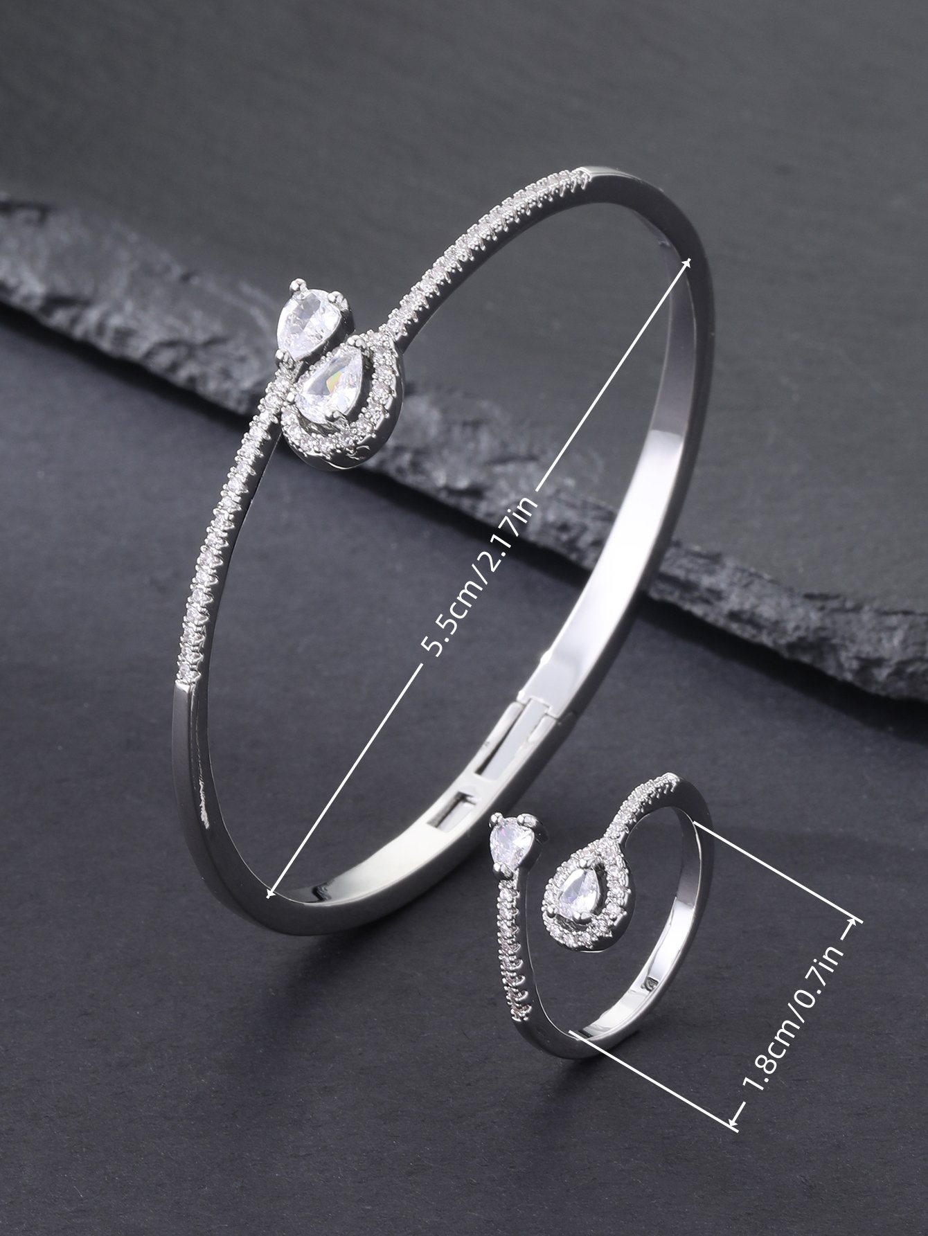 Silver Plated Zircon Water Drop Bangle and Ring Set 2-Piece