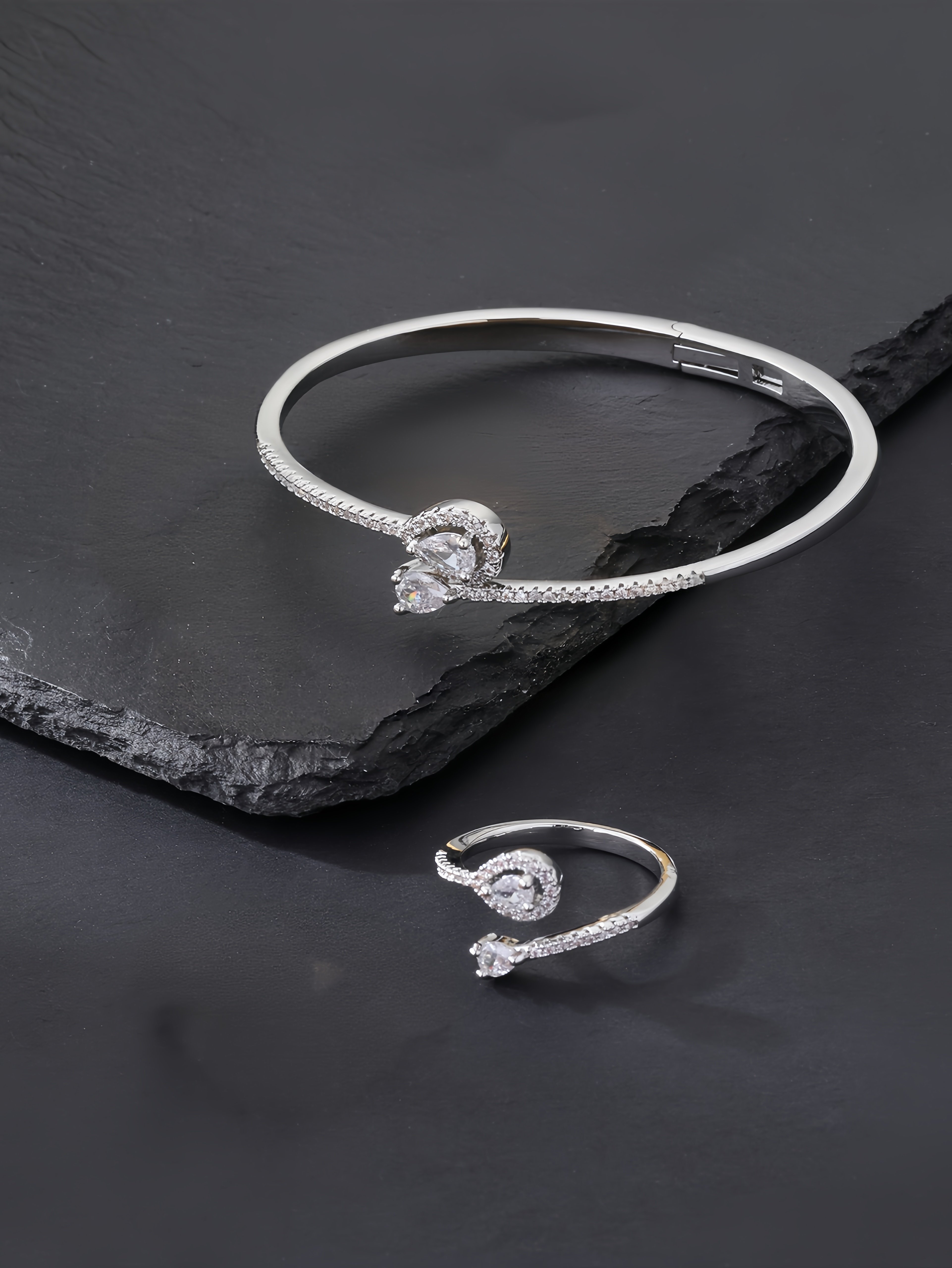 Silver Plated Zircon Water Drop Bangle and Ring Set 2-Piece