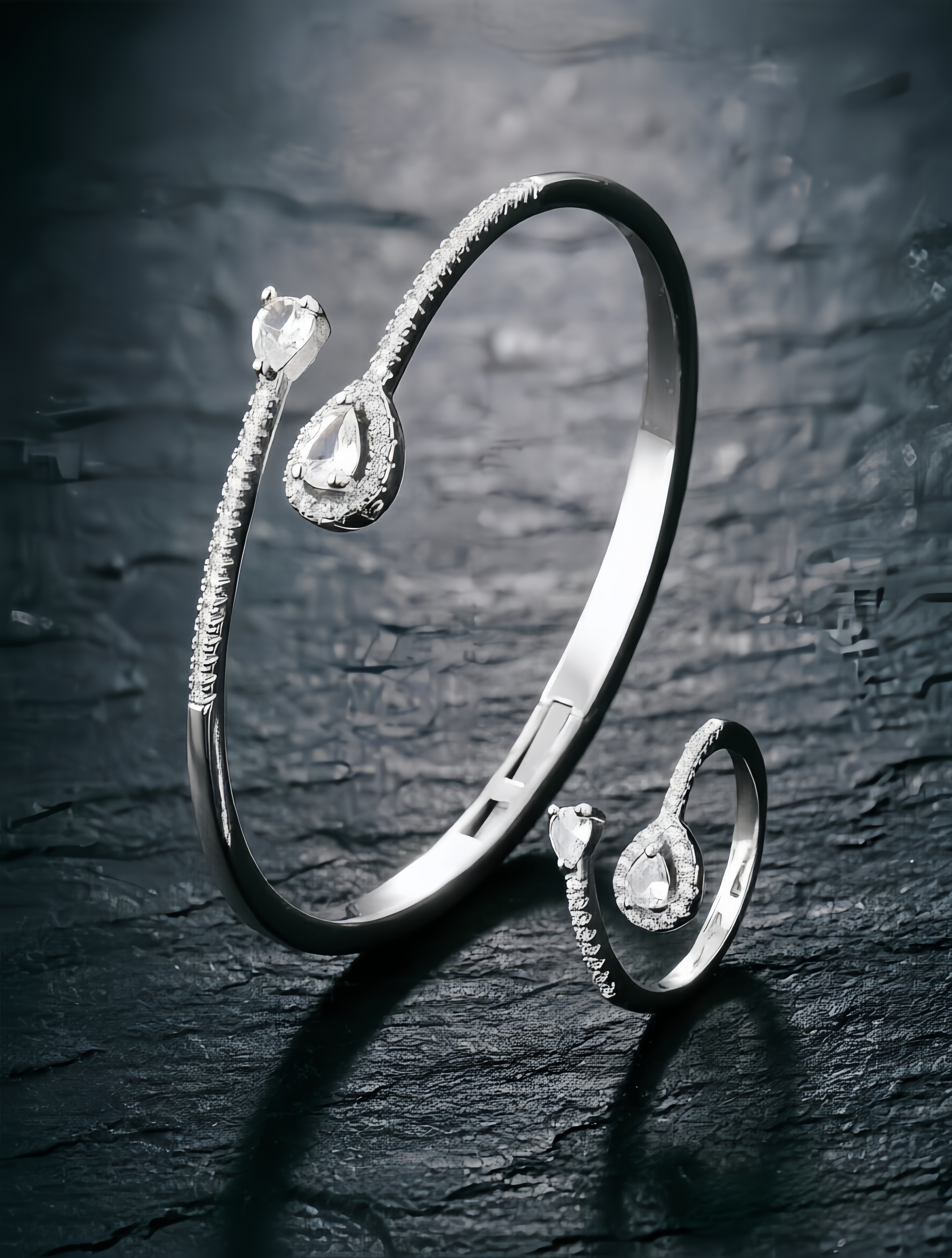 Silver Plated Zircon Water Drop Bangle and Ring Set 2-Piece