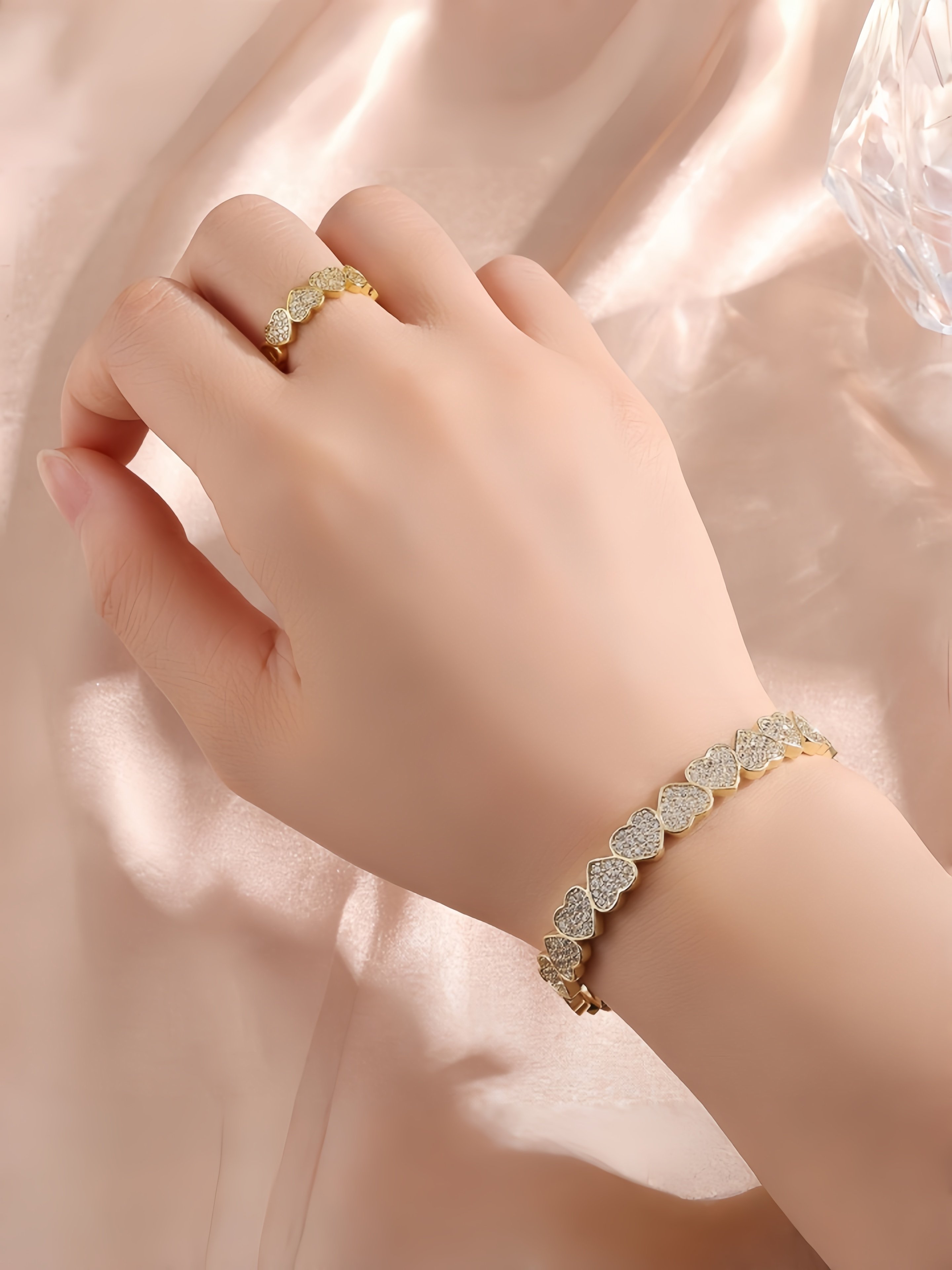 Gold Heart Zircon Bangle and Ring Set