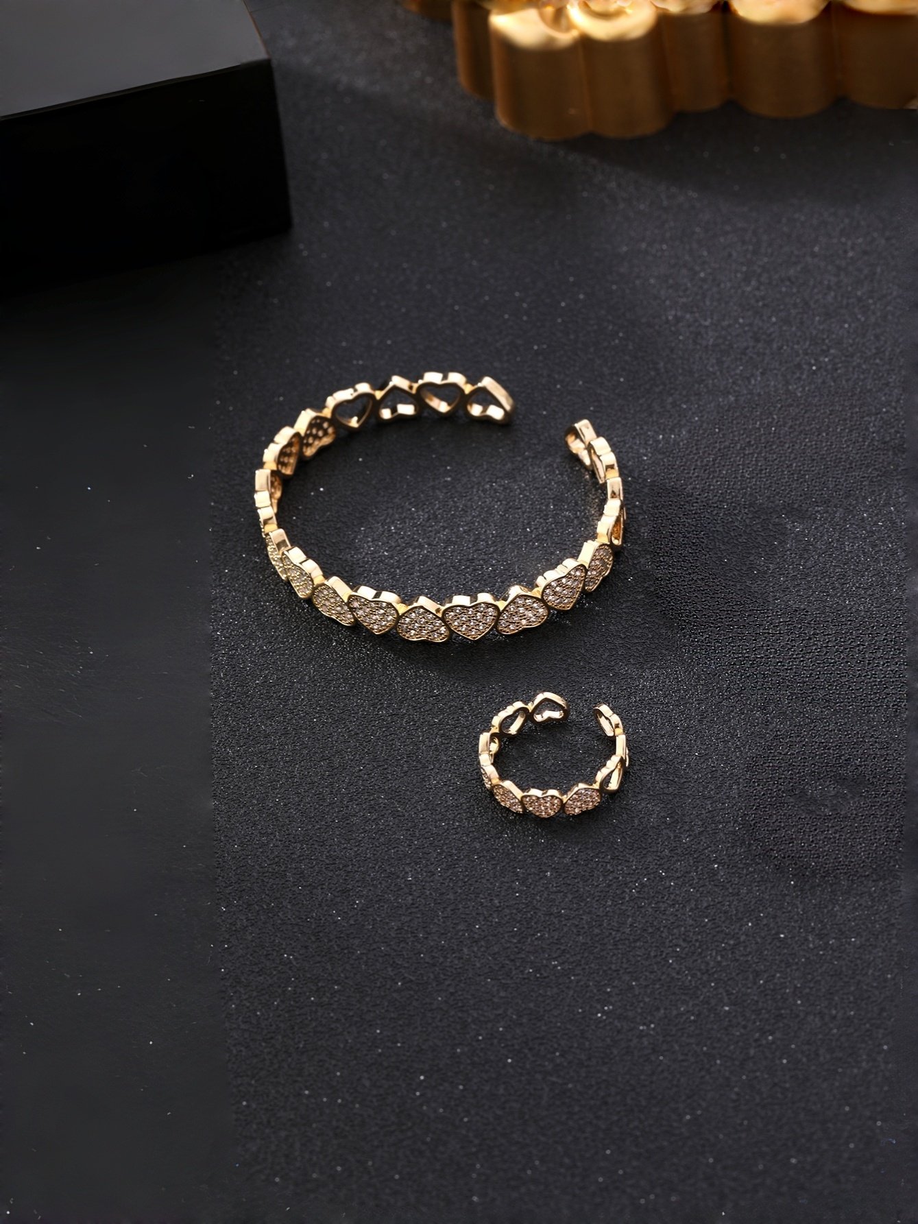Gold Heart Zircon Bangle and Ring Set