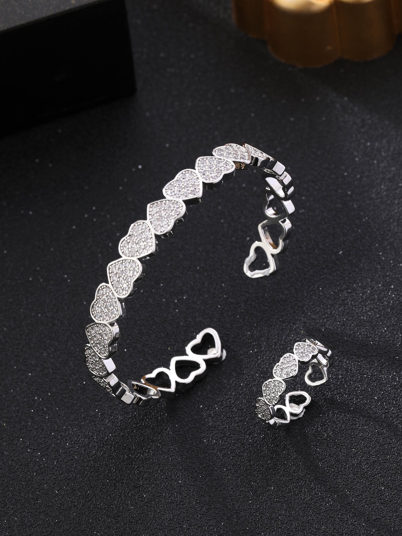Silver Heart Bangle and Ring Set